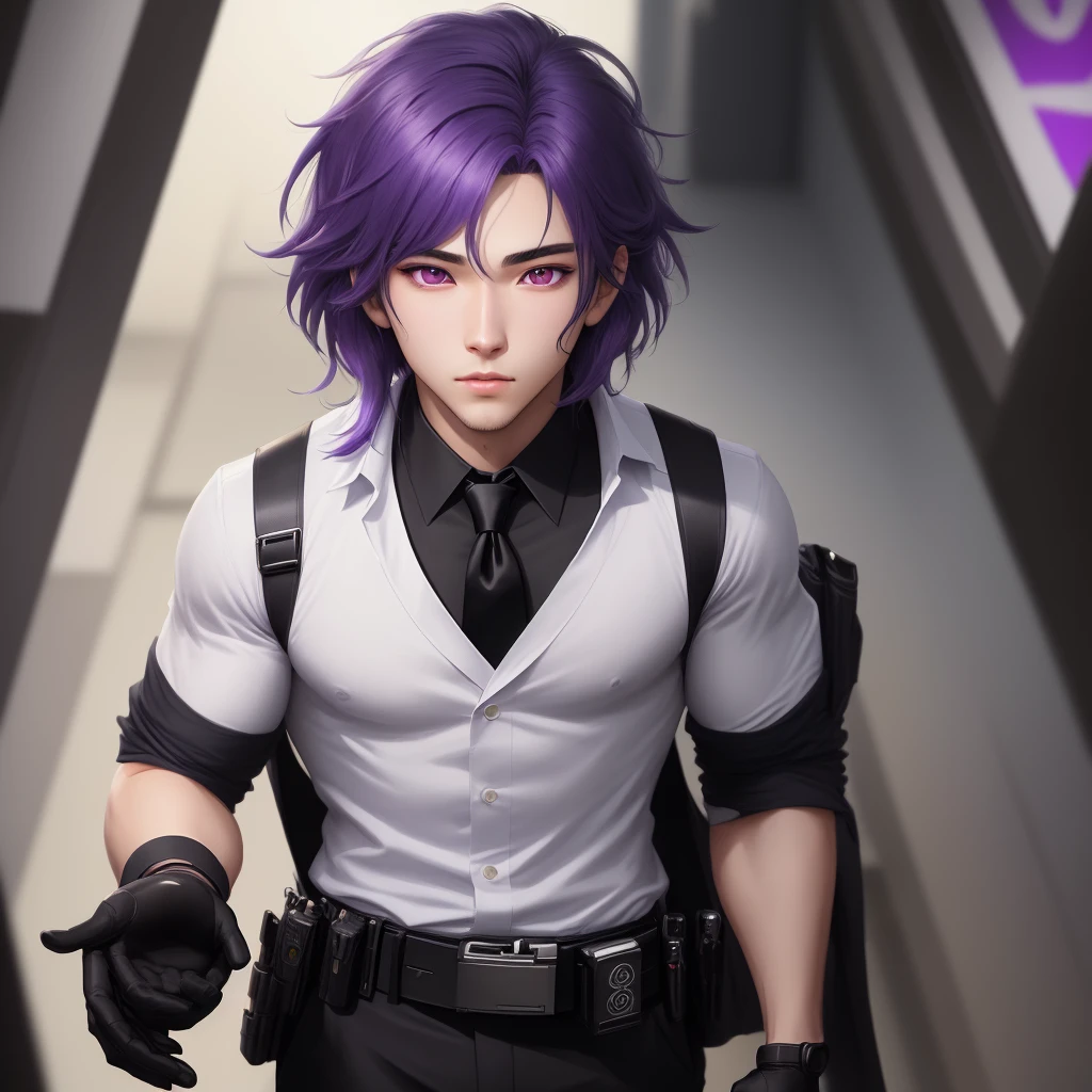 1 male,, 26 year old, masculine, Messy purple hair, Attractive, Black suit, purple tie, white shirt, Black belt, Black pants, big eyes of dark purple color, holding glock 18, Beautiful dark purple eyes, gloves, Trending on ArtStation, 8K resolution, Highly detailed, Anatomically correct, Sharp Image, Digital Painting, Concept art, trending on pixiv, anime style, Beautiful、 INFO
