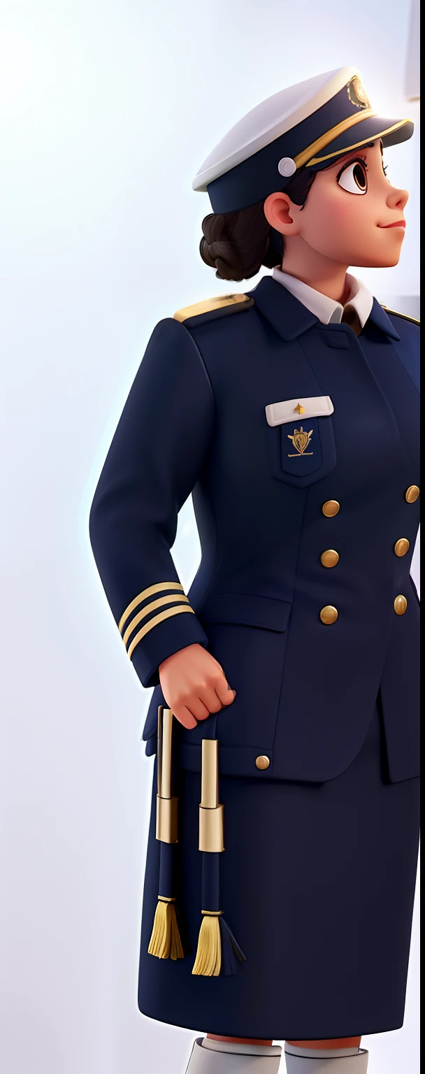 Mulher uniforme  parado na frente, illuminated by the light of a lamp, contra o pano de fundo de uma biblioteca