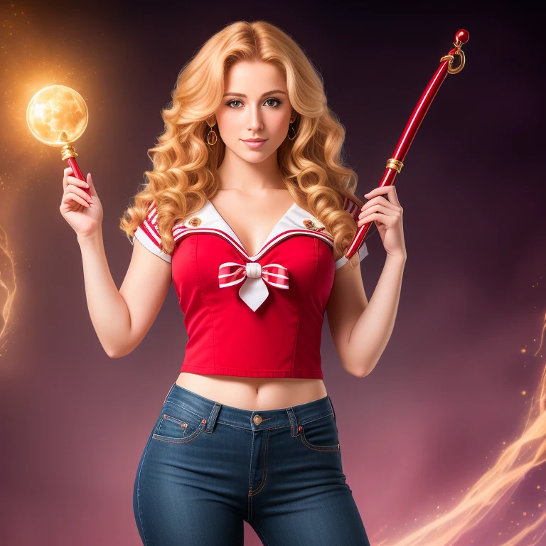 (extra detailed, RAW photography, best quality,4k,8k,high res,masterpiece:1.2),ultra-detailed, photorealistic, full body shot,strawberry blonde wavy hair,Mature and beautiful, realistic portrayal:1.2 Sailor Moon holding a magical wand, dressed up in dark red jeans.