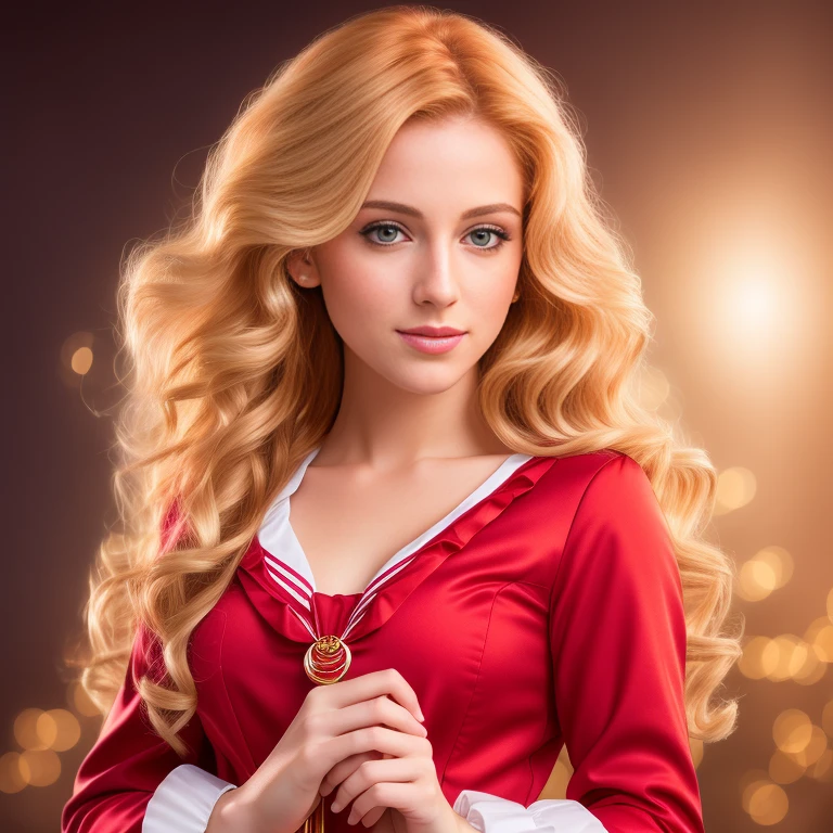 (extra detailed, RAW photography, best quality,4k,8k,high res,masterpiece:1.2),ultra-detailed, photorealistic, full body shot,strawberry blonde wavy hair,Mature and beautiful, realistic portrayal:1.2 Sailor Moon holding a magical wand, dressed up in dark red jeans.
