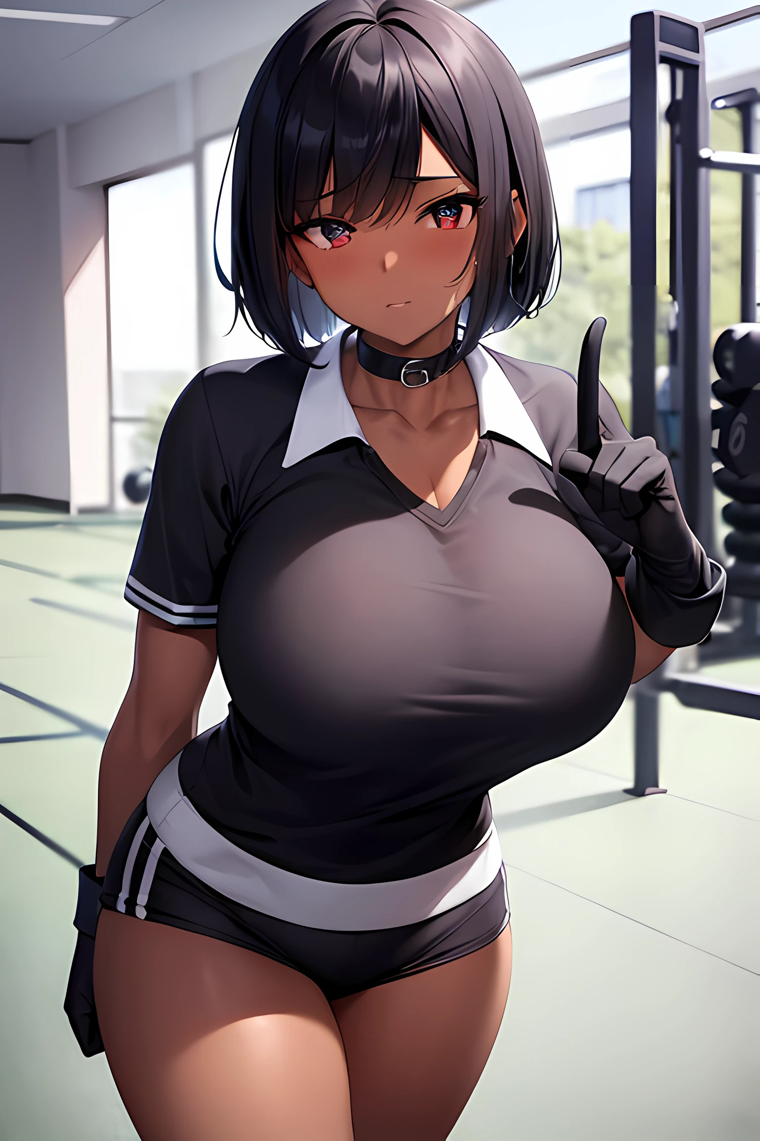 4k, maxres, ultra detailed, dark-skinned school teacher, school gym uniform, cleavage, big breasts, big ass, tomboy, sweating, in a gym, bob cut, black gloves, white sneakers, full body, from front, beautifully drawn eyes, perfect face, perfect body,  muscular,  beautiful girl, choker, sexy pose, peace sign, black hair