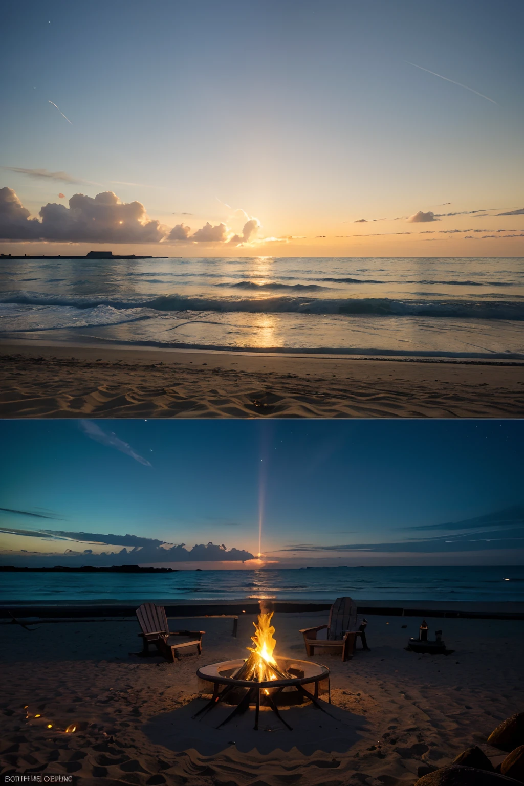 In this idyllic picture, We are transported to a paradisiacal beach during a relaxing evening. The setting is a true haven of tranquility and natural beauty.
on seashore, The white-sand beach stretches gently toward the ocean, iluminada pela suave luz da lua. Turquoise waters kiss the shore, criando um contraste impressionante com a areia dourada. A brisa marinha suave traz consigo o cheiro salgado do mar, e o som das ondas quebrando na praia cria uma trilha sonora natural e calmante.
No centro da cena, uma fogueira crepita, illuminating the area around you with a warm, golden light. The fire pit is surrounded by weathered and polished wooden logs, which serve as comfortable seating for those who wish to relax and enjoy the warmth and spectacle of the dancing flames.
As the fire rises, Their sparks light up the star-studded night sky, Creating a natural light show. The reflection of the fire on the wet sand of the beach adds a magical dimension to the scene, creating an environment that invites contemplation and tranquility.
This image evokes a sense of escape and serenity, where the beauty of nature combines with the comforting warmth of a campfire by the sea. It's the perfect place to enjoy a