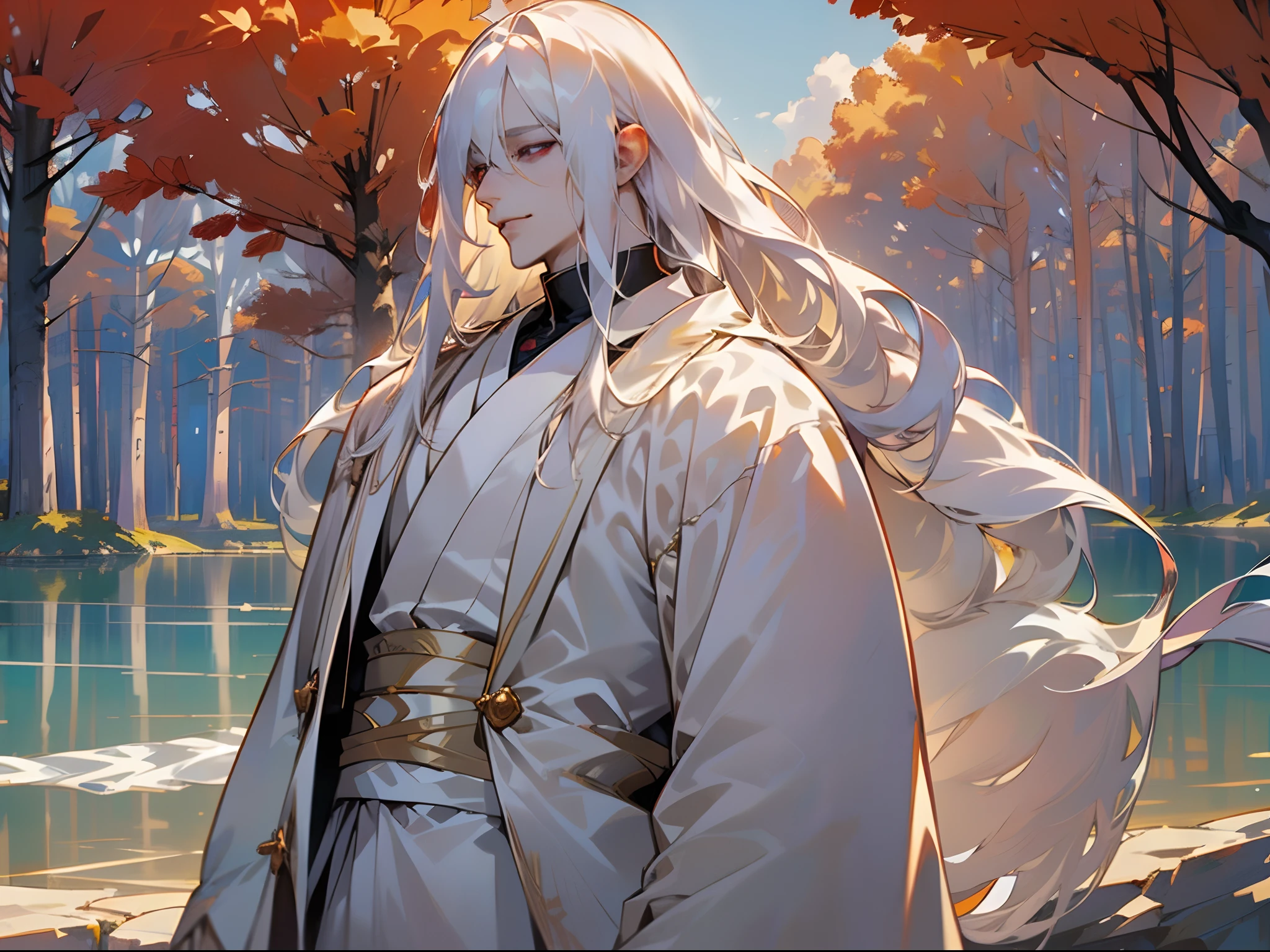 Anime - stylistic image of a man with long white hair, Man with white long hair standing in the lake and looking at the camera, ((tmasterpiece)), ((beste-Qualit, hight resolution, ultradetailed), bright colours, ((((1 male)))), Male character, grown up, tall muscular guy, wide shoulders, Strong Character, Fantasy, dnd, person, red-eyes, (4eyes:1), albino, An albino man, Pure White Long Hair, White long hair, white colored hair, slick hair, straight hair, Creating an atmospheric atmosphere, pale skin, macabre, Gloomy design, Has red smoke and aura, eldritch, Creepy, nightmarish, light around the head, Additional lighting, Against the background of the forest and the lake, fluffy white clouds, bright sunny day, Light fog on the background of a beautiful blue lake, in a white kimono, looks at the viewer, canny smile, smirk, muscular back, Men's Back, white-haired god, White Silk Clothing, Gold Pattern