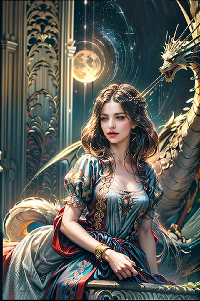 An 8K high-definition portrait of a beautiful ((woman with dragon)), Deusa afrodite, uma deusa de beleza fenomenal, a mais bela das mulheres, mulher iraniana de extrema beleza,((tiro de todo o corpo)),(( com longos cabelos cacheados)), ((vestido longo vermelho e preto e detalhes em dourado )), (( with dragon), mulher com magia cigana, ((uma bela cigana de cabelos cacheados, libidinosa)), In the background full moon and sky with Milky Way, era vitoriana, uma Rainha bela e jovem, filmic grain, Ilford HP5, 80mmDeusa do Mar, Deusa do Oceano, Luthien, arte de deusa, Deusa da mitologia grega, Deusa da Lua, Deusa do amor e da paz, deusa bonito, Mitologia do Deusa da Terra, Um retrato impressionante de um deusa, Frank Kelly Freas, Estilo Karol Bak, ((beautiful face)), Ultra Definition, melhor qualidade, 32k ultra | | | | | | | | | | | | | | | | | | | | | | | | | | | | | | | | | | | | | | | | | | | | | | | | | | | | | | | | | | | | | | | | | | | | | | | | | | | | | | | | | | | | | |, Ultra HD | | | | | | | | | | | | | | | | | | | | | | | | | | | | | | | | | | | | | | | | | | | | | | | | | | | | | | | | | | | | | | | | | | | | | | | | | | | | | | | | | | | | | | | | | | | | | | | | | | | | | | | | | | | | |