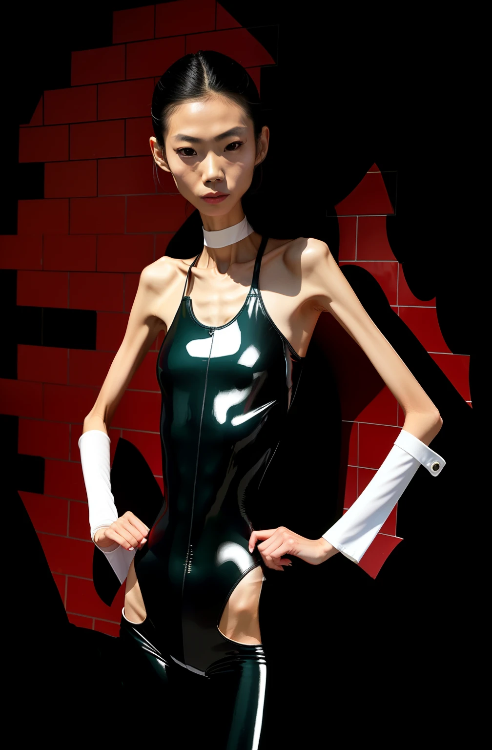 Extremely thin woman, A thin body，Protruding sternum，The waist is slender，The ribs are noticeable，The pelvis is very pronouncedly protruding，White skin of the，Thin shoulders，Very slim waist，Extremely skinny，Sunken abdomen，Skin and bones，short detailed hair，Haggard face，Wear a tight-fitting one-piece latex suit，Asian face