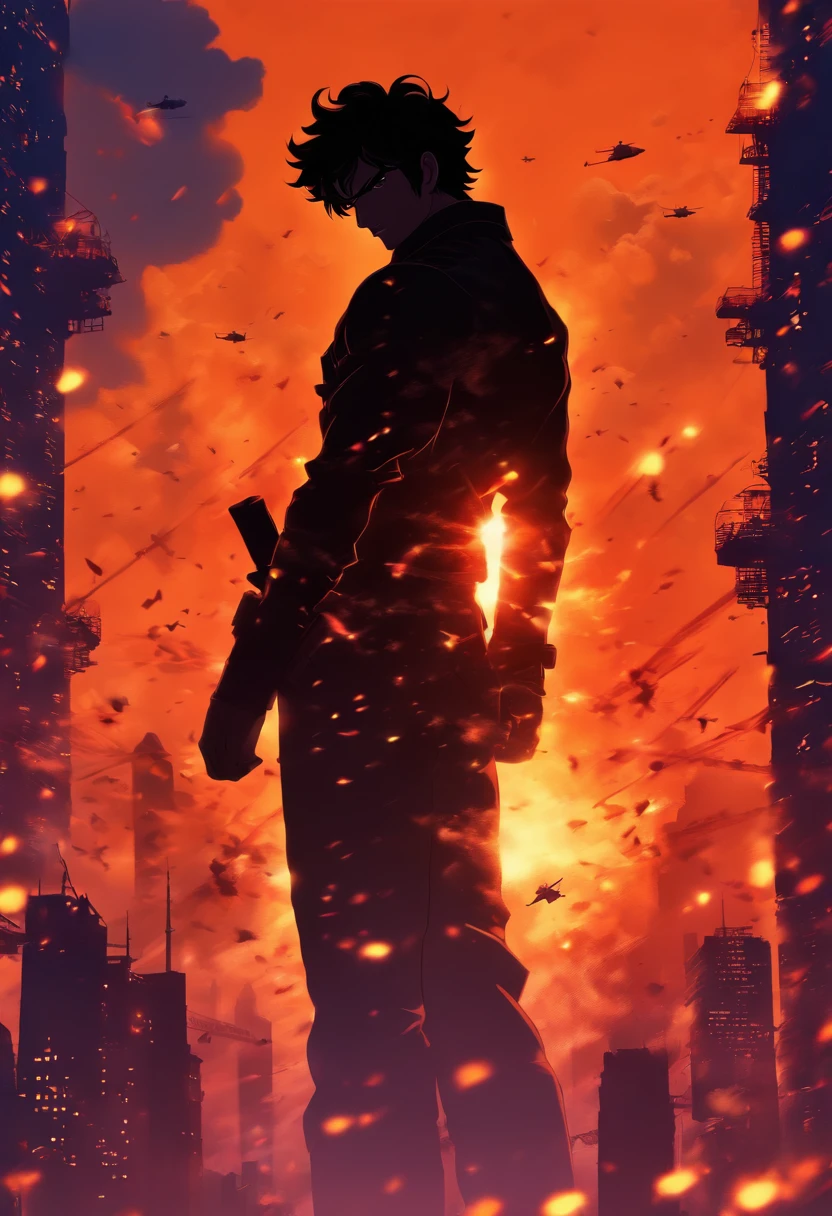 HERO NAGARJUNA IN SILHOUETTE IN MODERN SPY ATTIRE HANGING FROM HELICOPTER, EPIC MOVIE POSTER, SKY SCAPERS AND ACTION ELEMENTS, GUN FIRING BULLETS PASSING, TANKER FIRING, HOLLYWOOD ACTION MOVIE POSTER, cool and warm shades, HYPER REALISTIC, HIGH DETAIL POSTER,