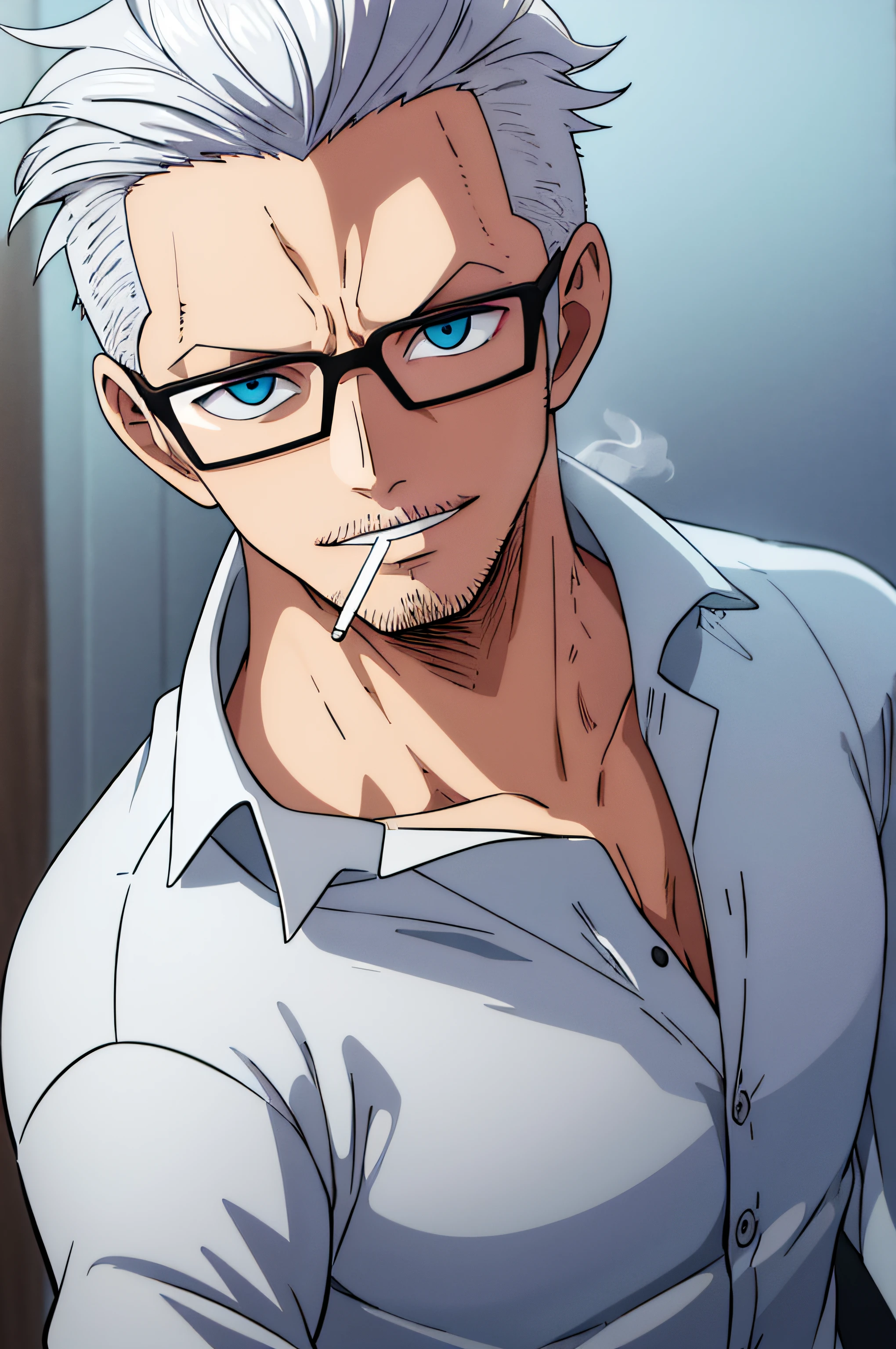 male focus, white hair, messy hair, round frame glasses, blue eyes, gray button shirt, stubble, looking at camera, young man, smoking a cigarette, skinny man, HD, UHD, 4k, high definition