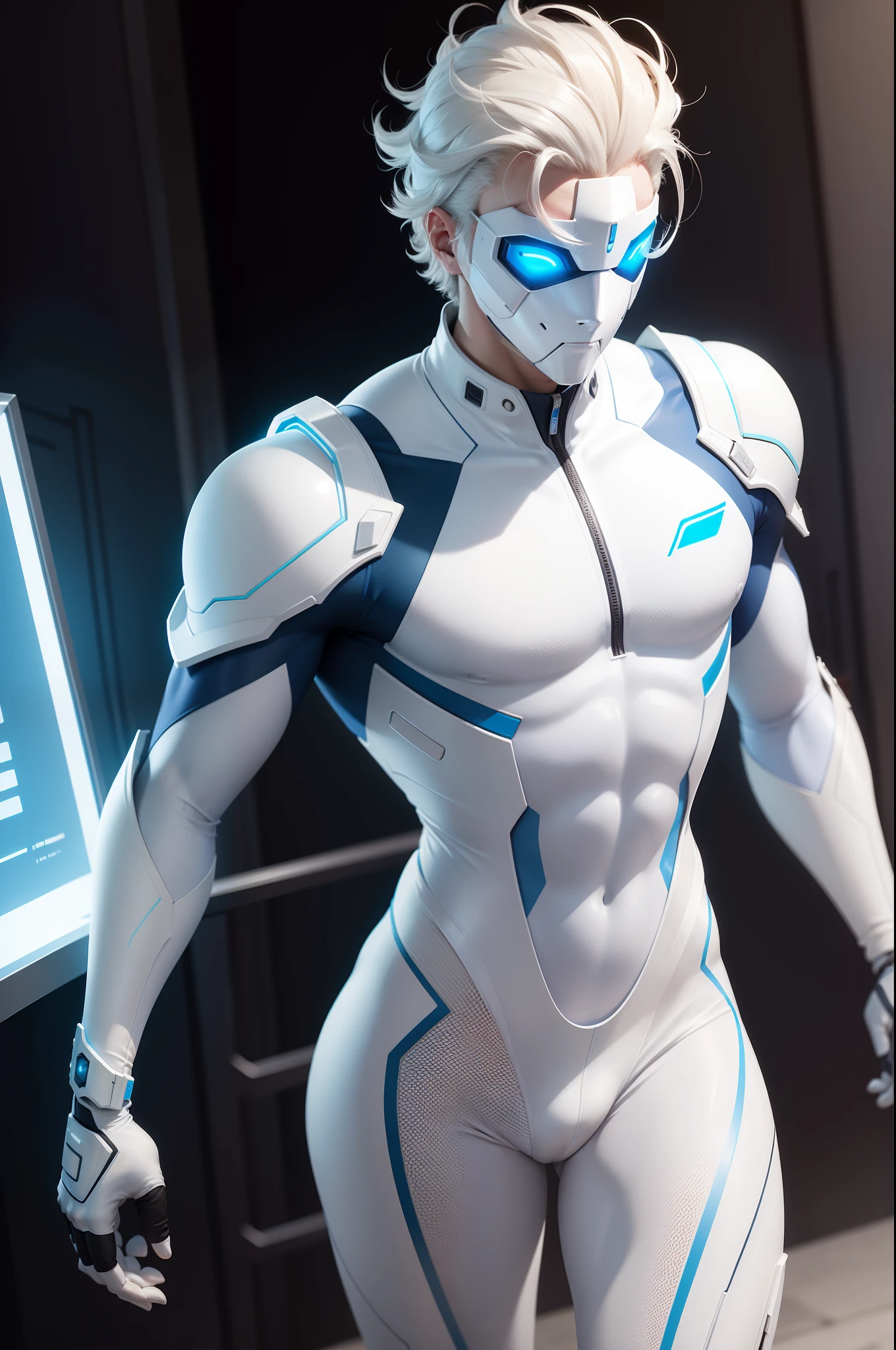 body suit, white and blue suit, futuristic suit, white gaunlets, skin tight bodysuit, toned male, ager, young male, futuristic face mask, bodysuit, futuristic, sci fi, toned male, hands seen, eyes seen, hair seen