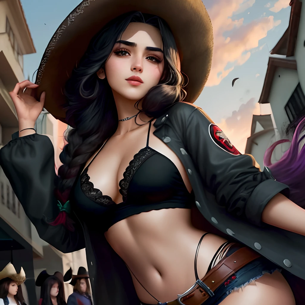 Chica sexi con grandes pechos y de anime con cabello negro ojos morados y con ropa reveladora y con un sombrero vaquero en su cabeza