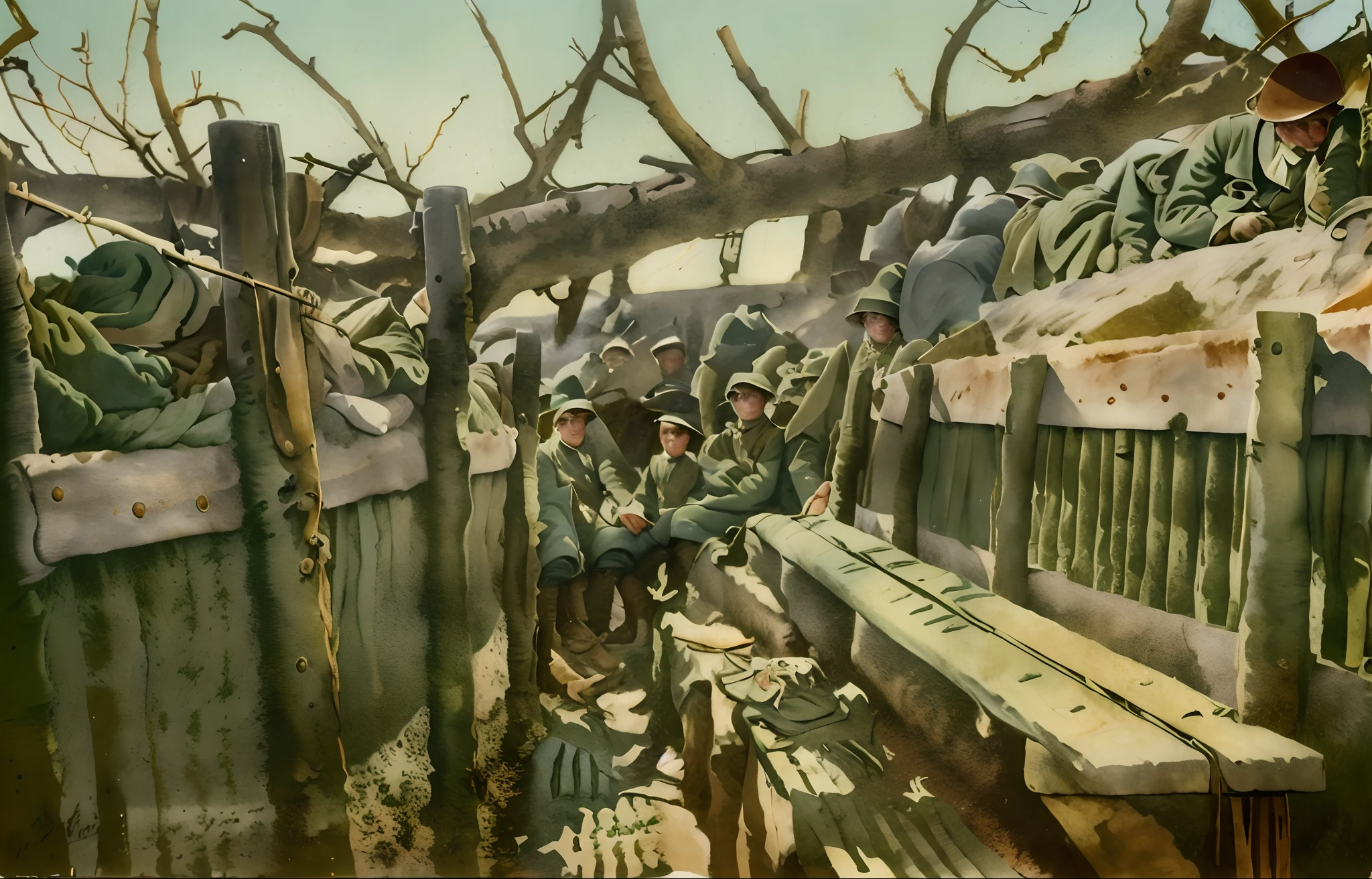 soldiers are sitting on benches in a fenced area, in trenches, ww1 trench, trenches, francois schuiten, by Harvey Dunn, ww1 film photo, by Randolph Schwabe, colourised, ww1 photo, ww 1, ww1, by Saul Tepper, color illustration, colourized, trenches bombs, world war one