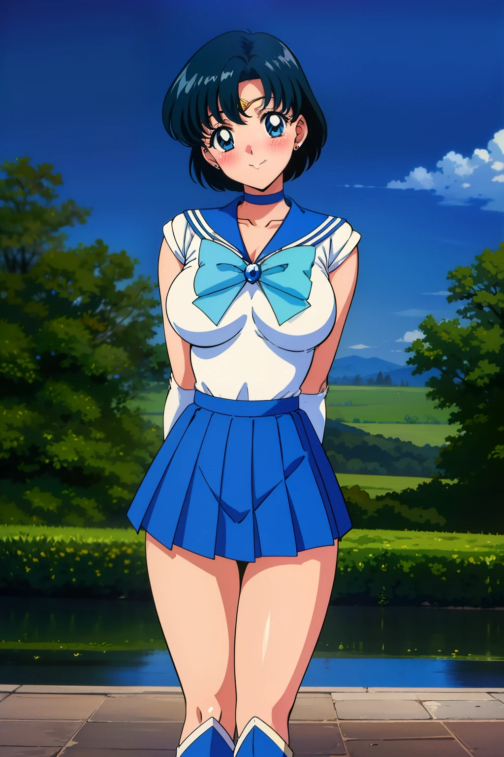 1990s \(style\), mizuno_ami, large breasts, night, standing, solo, ClassicSMRC_, Blue_pleated_skirt,_White_gloves_Blue_boots_Blue_choker_Blue_bowtie_Blue_back_bow_Circlet_Blue_brooch, anime cels style, outdoors, best quality, high resolution, 1girl, blush, embarrassed, smile, looking at viewer, pose