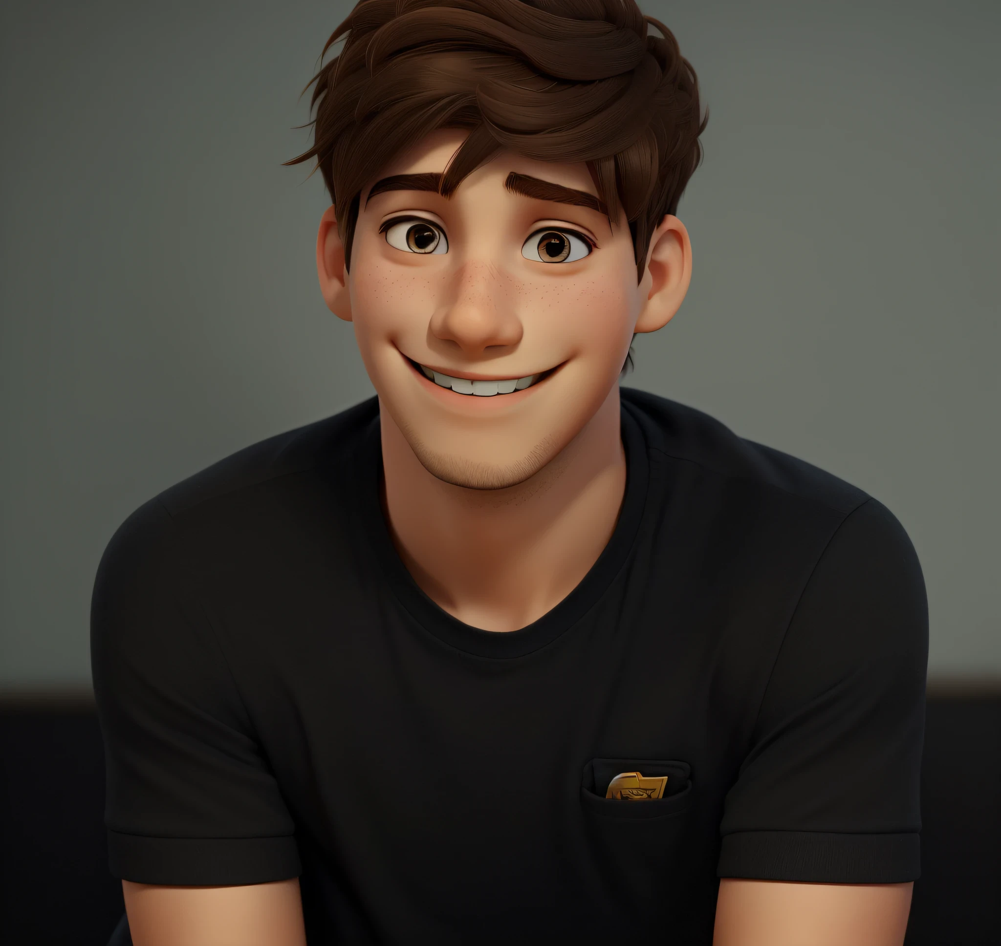 young man, smiling enthusiastically, brown wavy hair