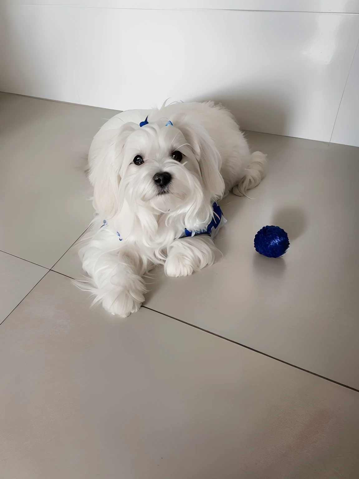 There's a little white dog that's lying on the floor, Little white dog, of the Maltese breed, com roupinha azul