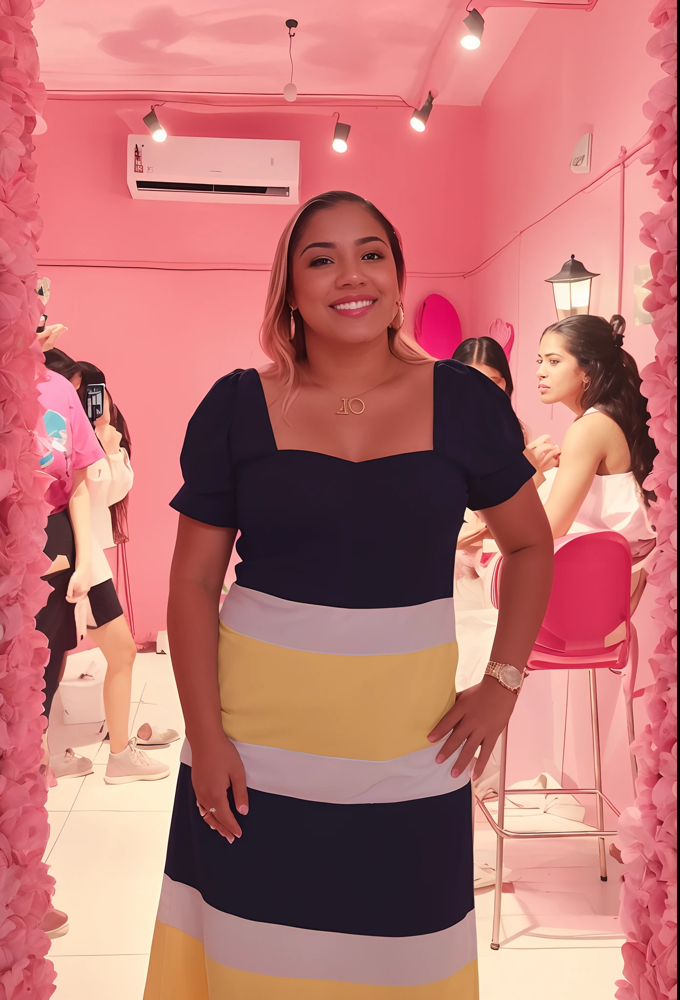 There is a woman standing in a room with a pink wall, Directed by: Olivia Peguero, Lorena Avarez, inspired by Gina Pellón, foto do snapchat, by Amelia Peláez, fernanda suarez, by Gina Pellón, Directed by: Emma Rios, instagram story, Marischa Becker, inspirado em Olivia Peguero
