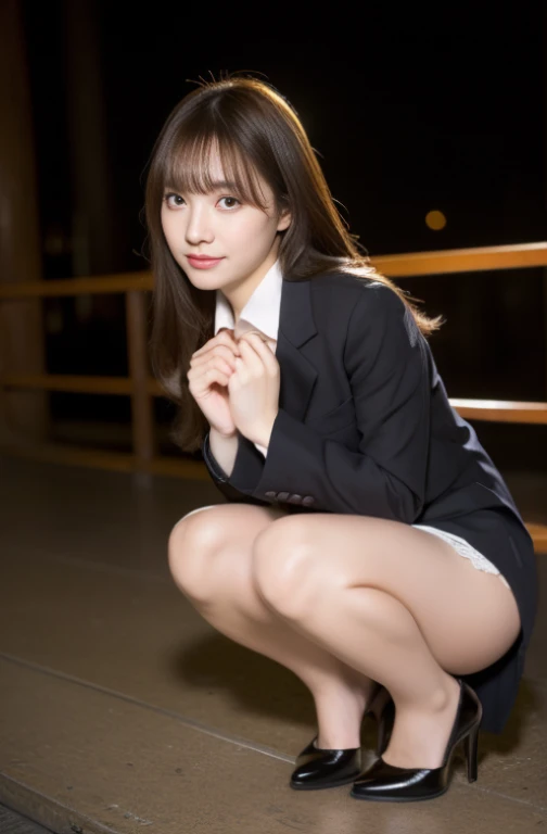 (8K, RAW photo, Best quality, Masterpiece: 1.2, Realistic, Photorealistic, High contrast, フォトンマッピング, photolithography, Photorealistic, Ultra-detailed, Professional lighting, Low angle: 1.2), Close-up, (1 woman), Highly detailed beautiful face and eyes, Slight smile, (Solo: 1.5), (Height 170 cm), (Shinjuku at night in Japan), (pedestrian walkway), (Japan high school uniform), (black suit jacket: 1.2) , (short  skirt: 1.2), (white  shirt), (tie: 1.2), (squatting looking at the front), (Crotch open: 1.3), (light brown medium hair),  (black heels: 1.2), (beautfully face: 1.2), (Perfect proportions: 1.2), (long leges: 1.2), (Huge breasts: 1.3), (Panties visible from under skirt: 1.5), (White panties),   (Textured skin), thigh high