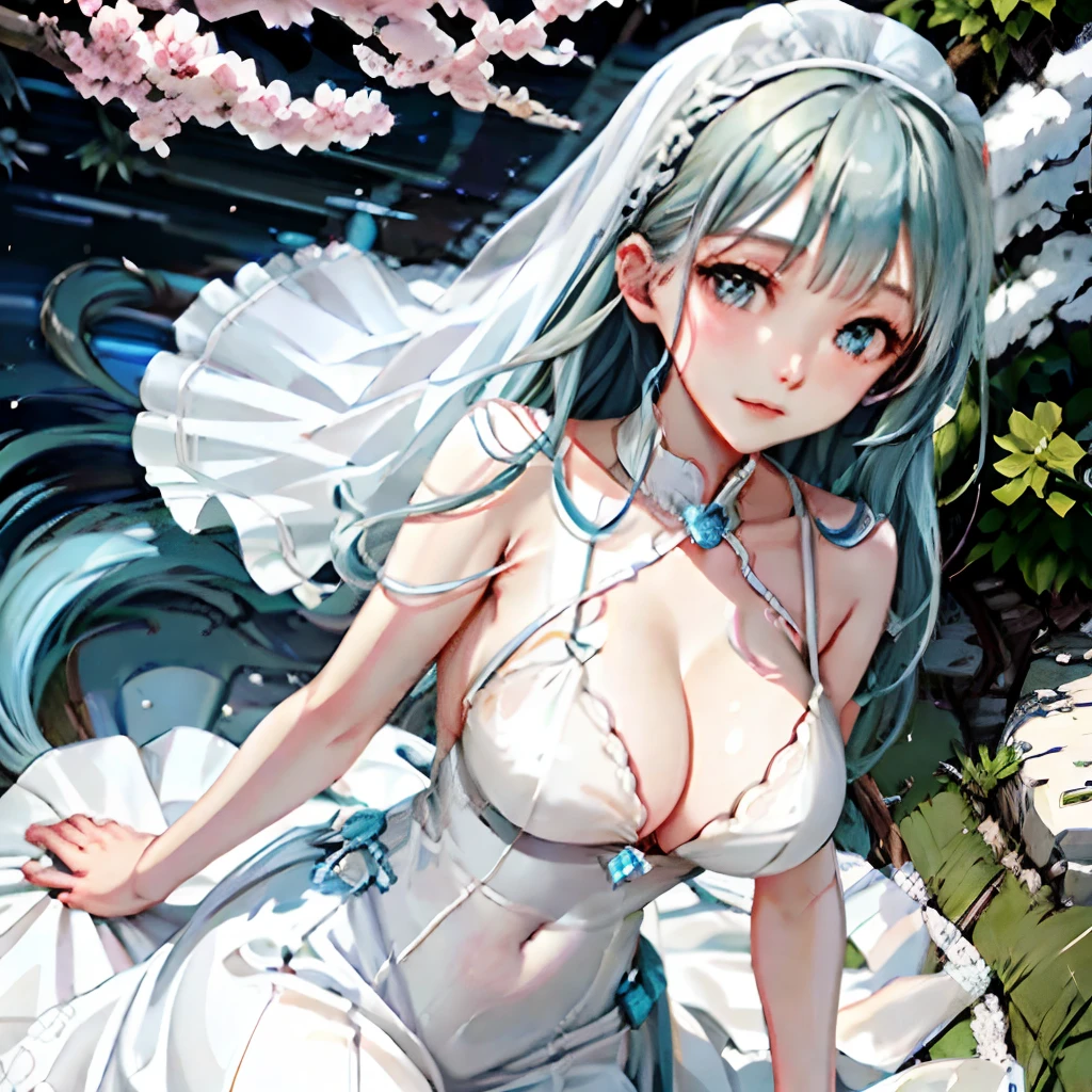 Blue-haired girl,gentleness,Pure white wedding dress,Exposed body