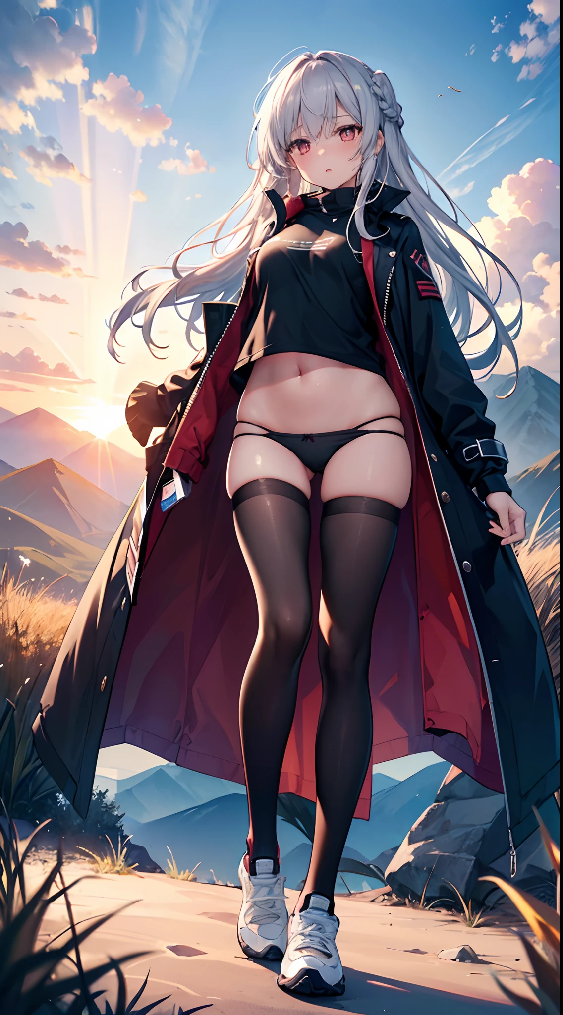 1female,,teens girl,smallunderboob,Pornographic exposure, 独奏,(Background with:plains, distant mountains,in the summer, sunset, low orange rays of light, sun grass on the ground,exteriors) Casual silver hairstyle,Stride, seen from the front, in the distant mostly cloudy sky,cloudy sky in the distance above the horizon(((tmasterpiece),(Very detailed CG unity 8K wallpaper),best qualtiy,cinmatic lighting,detailed back ground,beatiful detailed eyes,Bright pupils,(Very fine and beautiful),(Beautiful and detailed eye description),ultra - detailed,tmasterpiece,)),face to the viewer,frontage,A high resolution,ultra - detailed),nakeness,Wipe off panties,revealing breasts,Bare genitalia, Bulge,Raised sexy,Lewd expression,Flushed complexion,Open-mouthed,frontage,(Wearing:black coat,Black pantyhose, white panty)athletic sneakers