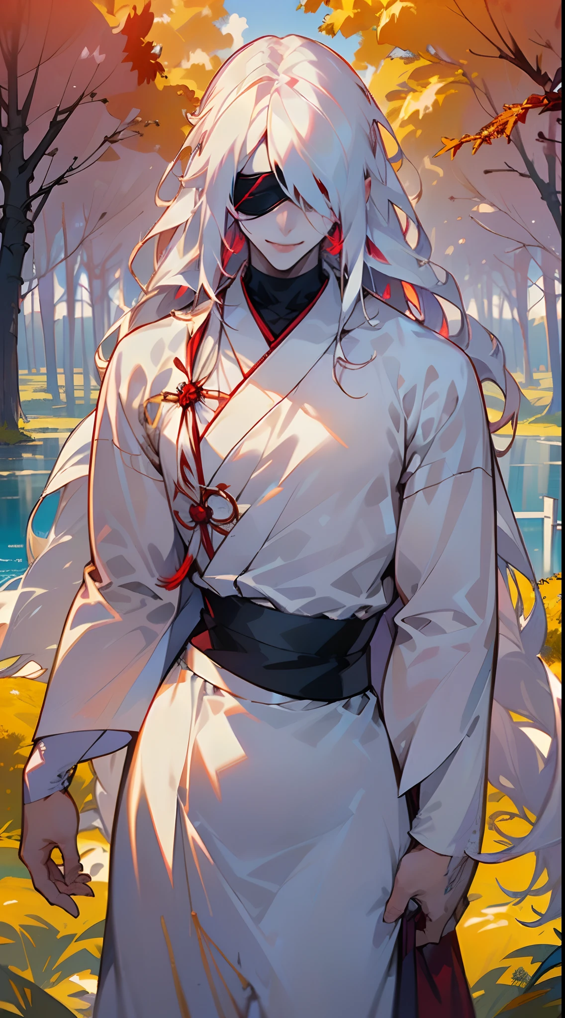 Anime - stylistic image of a man with long white hair, Man with white long hair standing in the lake and looking at the camera, ((tmasterpiece)), ((beste-Qualit, hight resolution, ultradetailed), bright colours, ((((1 male)))), Male character, grown up, tall muscular guy, wide shoulders, Strong Character, Fantasy, dnd, person, blindfold, red blindfold, albino, Albino Man, Pure White Long Hair, White long hair (hair above one eye), (big hair), white colored hair, slick hair, straight hair, Creating an atmospheric atmosphere, pale skin, macabre, Gloomy design, Has red smoke and aura, eldritch, Creepy, nightmarish, light around the head, Additional lighting, Against the background of the forest and the lake, fluffy white clouds, bright sunny day, Light fog on the background of a beautiful blue lake, in a white kimono, looks at the viewer, canny smile, smirk, muscular back, Men's Back, white-haired god, White Silk Clothing, Gold Pattern