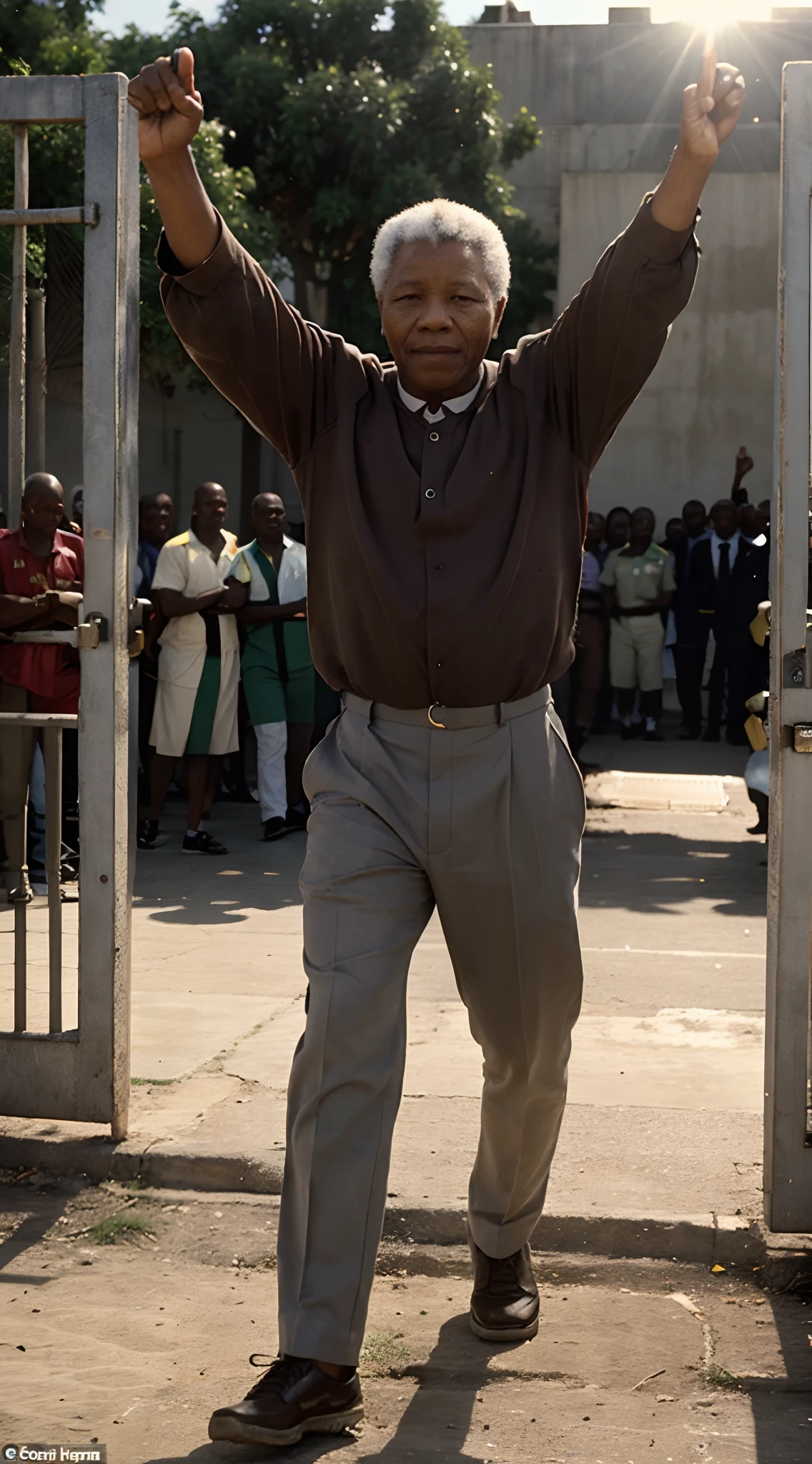 Visualize Nelson Mandela's release in 1990 with a scene of him stepping out of prison gates into the sunlight, capturing the hopeful atmosphere of a turning point in the fight against apartheid." male character