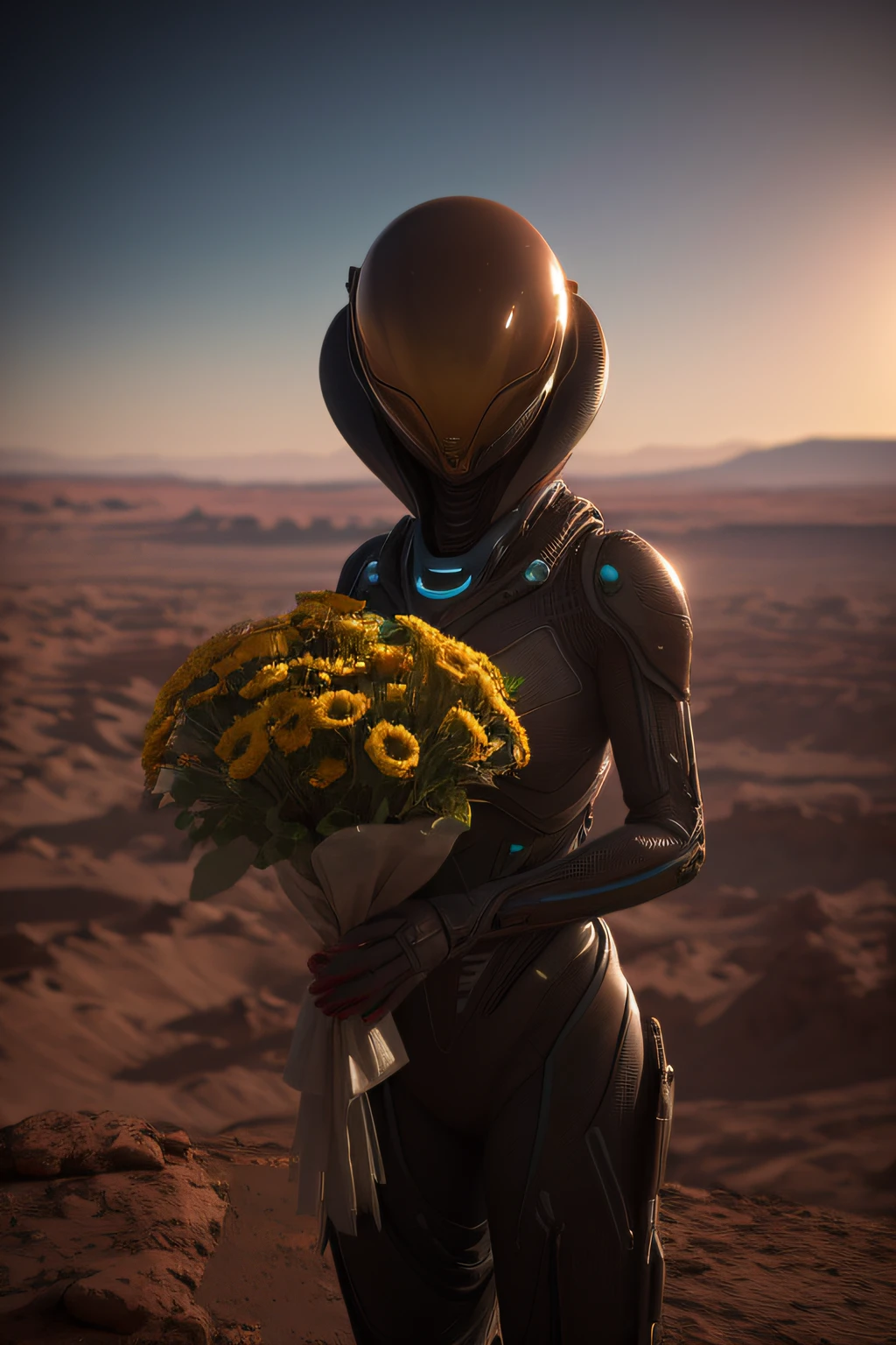 Super realistic photo of a beautiful alien from Mars, who holds in her hands a beautiful bouquet of alien unusual flowers, that do not exist on planet Earth. In the background is the landscape of Mars. Ultra Realism, max detail, 8K