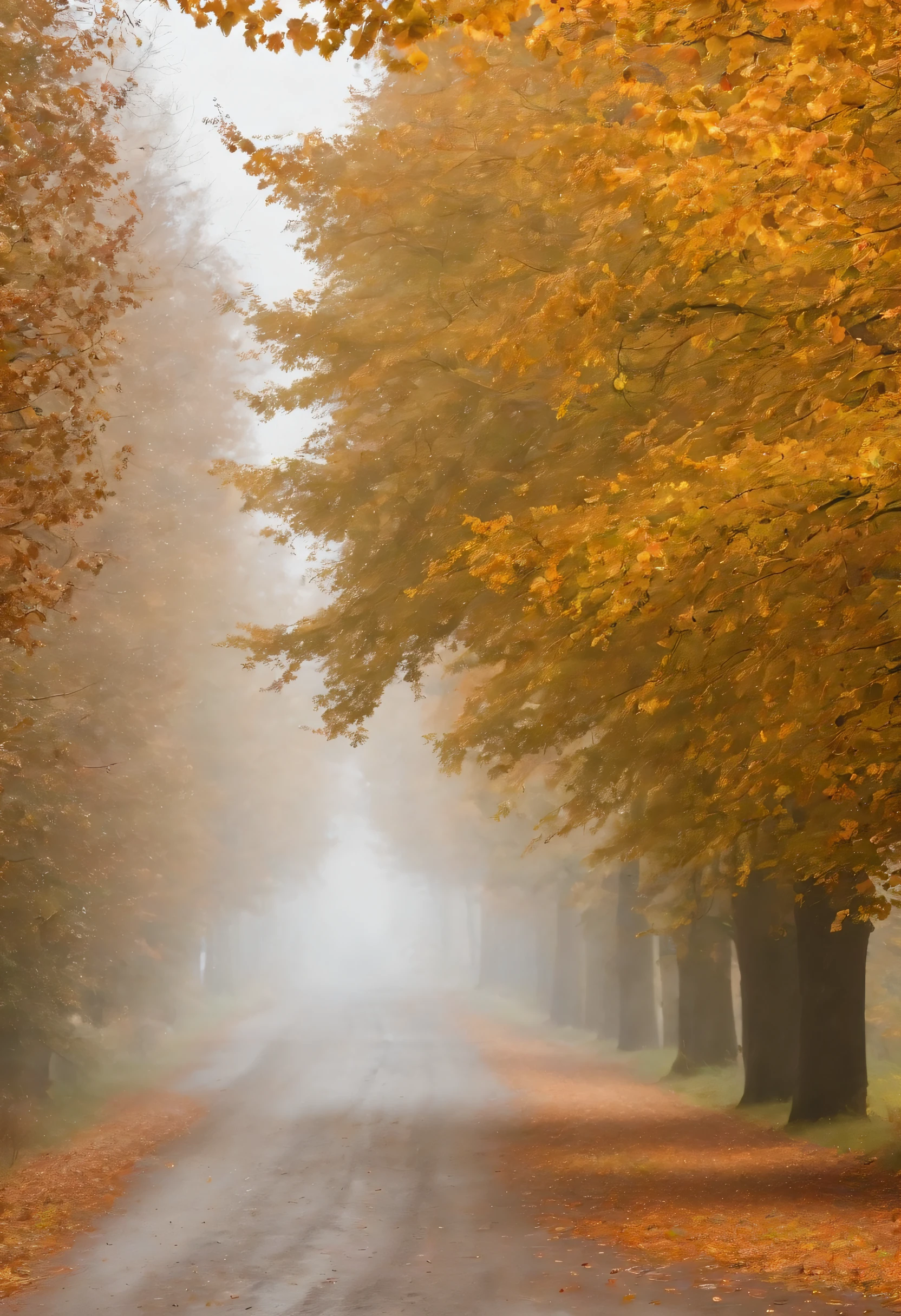 in einer nebligen Stadt, colorful autumn leaves on the street, ein Bild von Kuno Veeber, Gewinner des Pixabay-Wettbewerbs, Konzeptkunst, Im Regen , ((neblig)) und regnerisch,  Bild mit Schatten, in einer regnerischen Umgebung, Regenwetter, Rainy roads in the background , ((Nebel mit Lichtschein)) ((Ansicht von hinten)), Licht von vorn, ke((keine Autos)), keine Menschen, ((Fahrradfahrer im Nebel)(Ansicht von hinten))