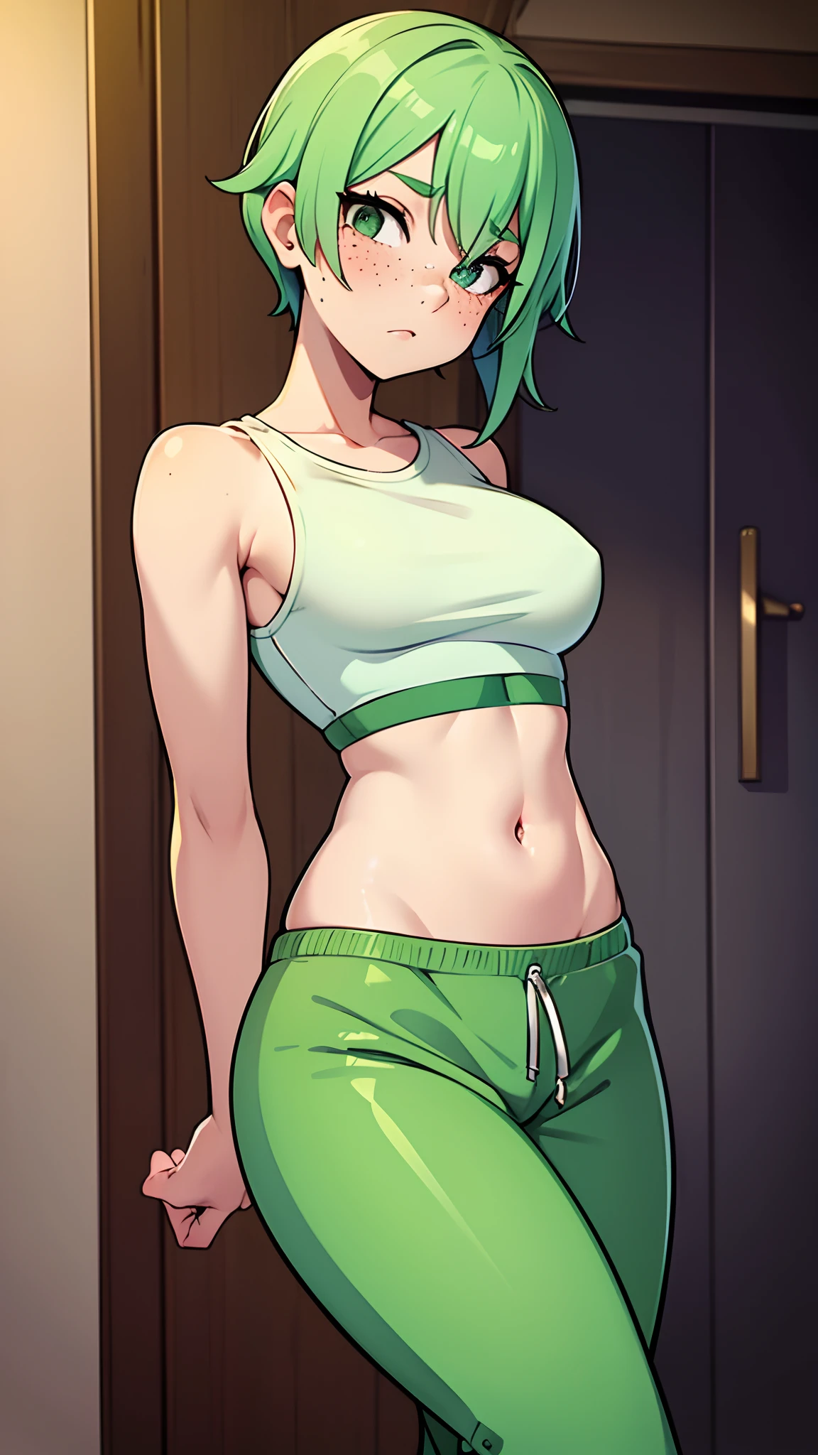 Woman in crop top and sweats, pastel blue hair, brown eyes, freckles, cute expression