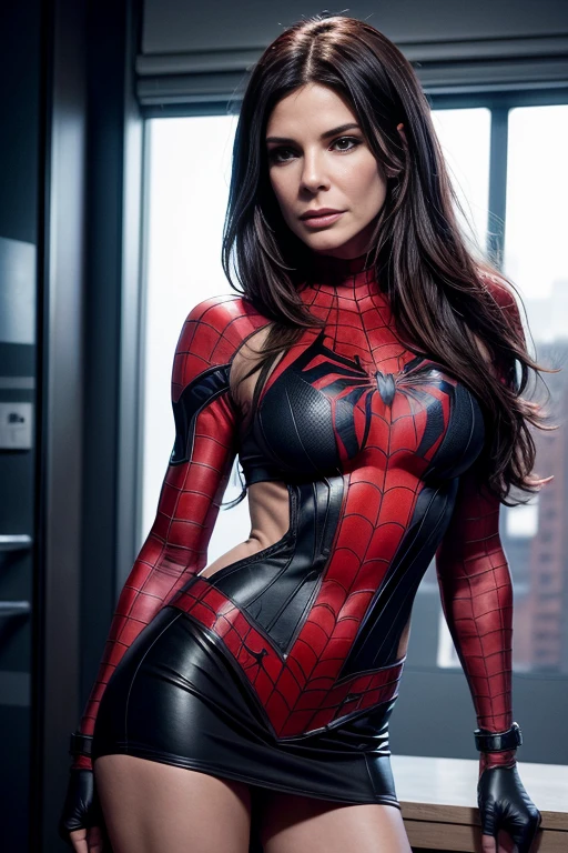 sandra bullock、Sticking out the navel、newyork、She wears a torn Spider-Man suit,wearing skirt、 Red and black color scheme,Dynamic、​masterpiece、top-quality、ultra-detailliert、ighly detailed、beautiful detailed brilliance、超A high resolution