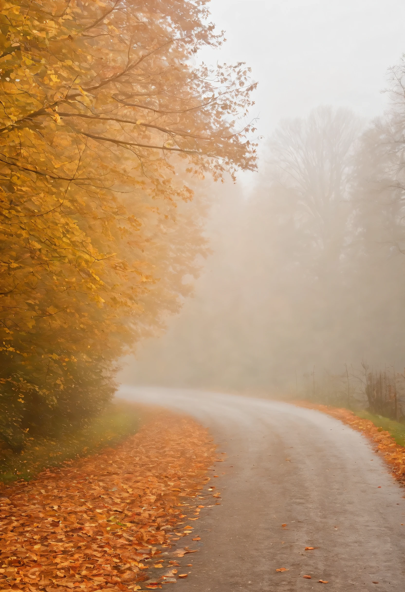 in einer nebligen Stadt, colorful autumn leaves on the street, ein Bild von Kuno Veeber, Gewinner des Pixabay-Wettbewerbs, Konzeptkunst, Im Regen , ((neblig)) und regnerisch, Bild mit Schatten, in einer regnerischen Umgebung, Regenwetter, Rainy roads in the background , ((Nebel mit Lichtschein)) ((Ansicht von hinten)), Licht von vorn, ke((keine Autos)), keine Menschen, ein Fuchs im Nebel