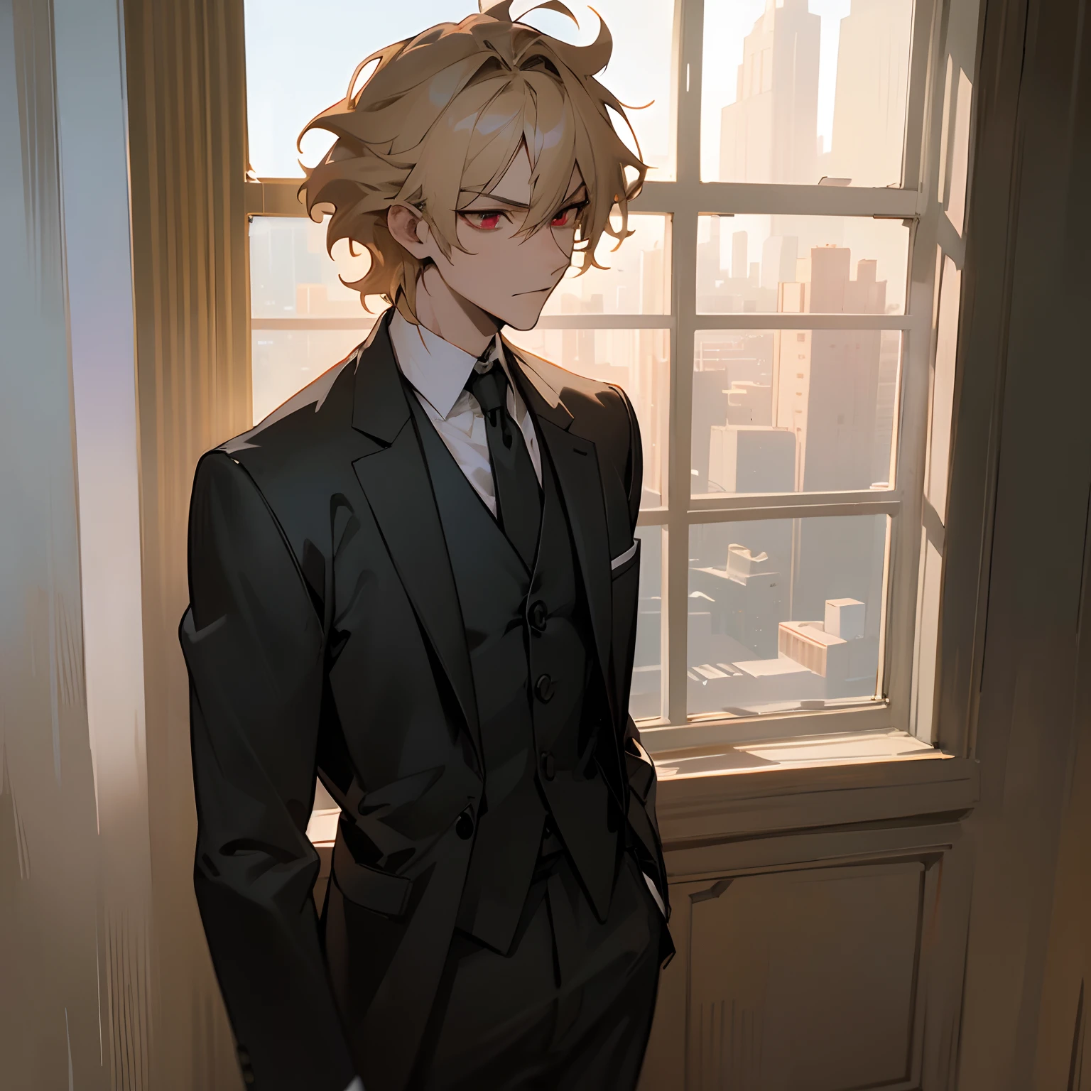 (best quality,4k,8k,highres,masterpiece:1.2),ultra-detailed,realistic,blonde messy hair,red eyes,Hirihiko Araki,black tuxedo suit,young male,standing in front of a window inside a building,intense gaze,sharp facial features,slightly tilted head,confident posture,vibrant colors,anime style,window with sunlight streaming in,bricks on the wall,cityscape outside the window,subtle shadows,contrast between light and dark,textured curtains,bold artistic strokes,eye-catching background details