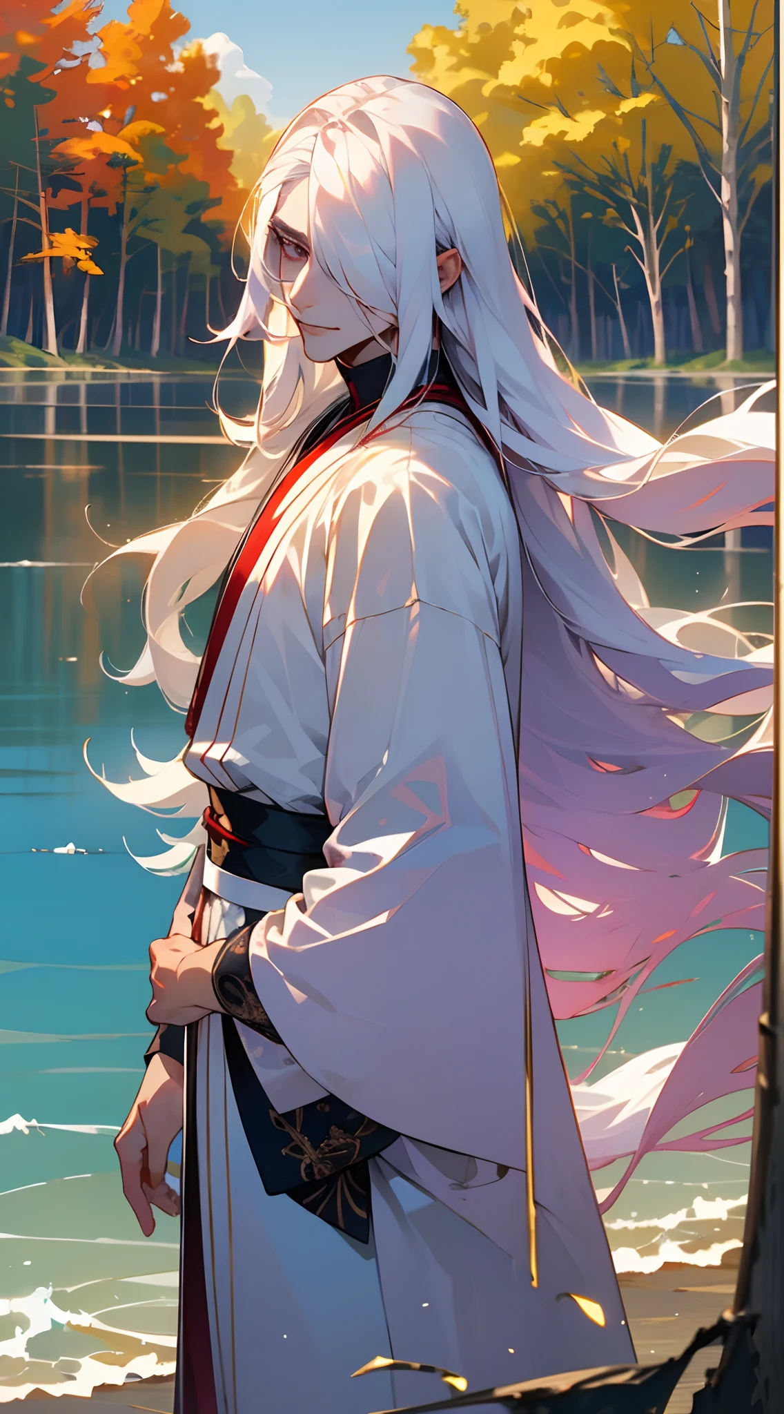 Anime - stylistic image of a man with long white hair, Man with white long hair standing in the lake and looking at the camera, ((tmasterpiece)), ((beste-Qualit, hight resolution, ultradetailed), bright colours, ((((1 male)))), Male character, grown up, tall muscular guy, wide shoulders, Strong Character, Fantasy, dnd, person, blindfold, red blindfold, albino, The Albino Man, Pure White Long Hair, White long hair (hair above one eye), (big hair), white colored hair, slick hair, straight hair, Creating an atmospheric atmosphere, pale skin, macabre, Gloomy design, Has red smoke and aura, eldritch, Creepy, nightmarish, light around the head, Additional lighting, Against the background of the forest and the lake, fluffy white clouds, bright sunny day, Light fog on the background of a beautiful blue lake, in a white kimono, looks at the viewer, canny smile, smirk, muscular back, Men's Back, white-haired god, White silk garment, Gold Pattern