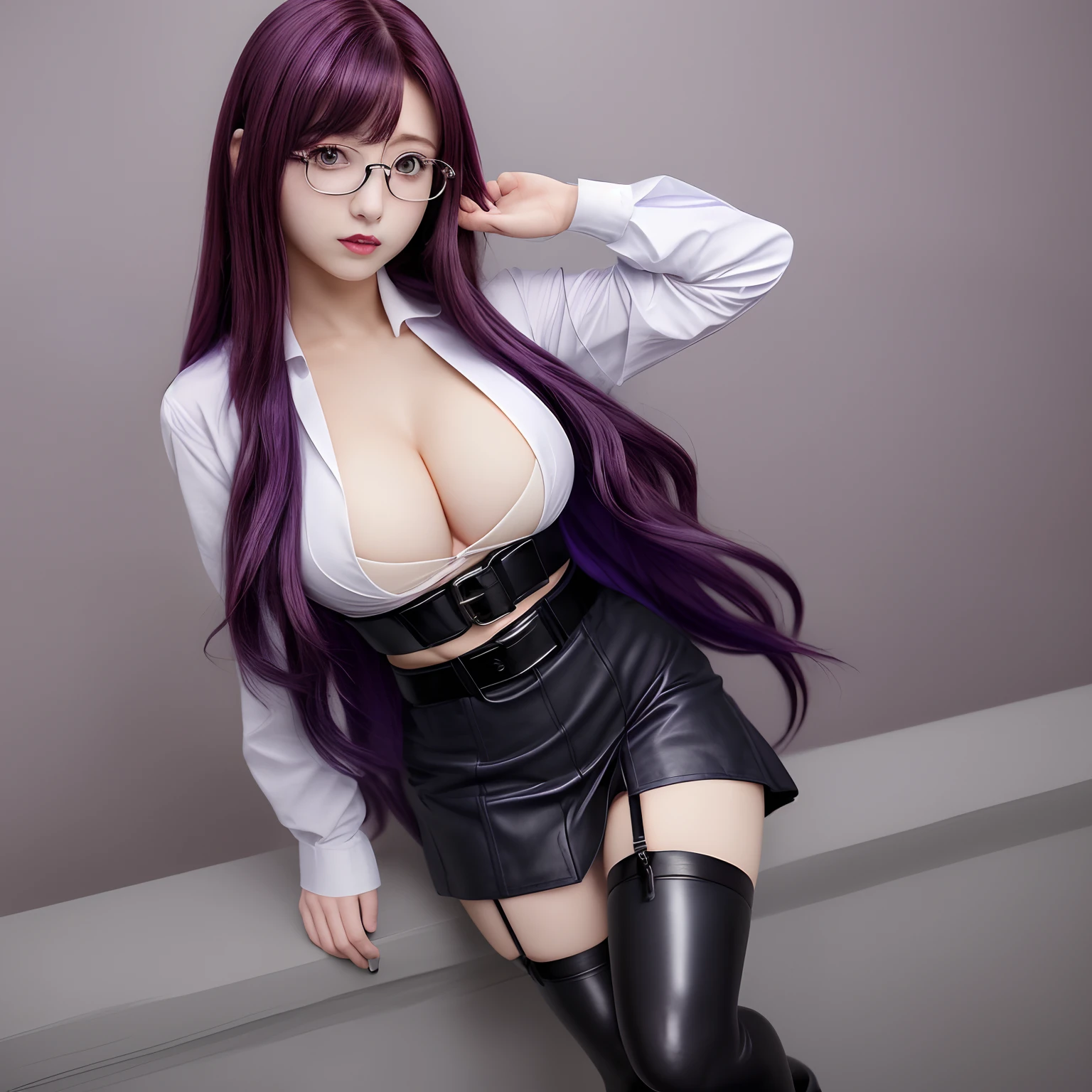 young, cute, and sexy girl with a long and curly purple hair with red locks, and also purple eyes. She often uses a lab coat, a white shirt with visible cleavage and a leather belt, blue tie and black short skirt and vest. Sherry also wears black stockings with straps and leather boots. She is always using her glasses