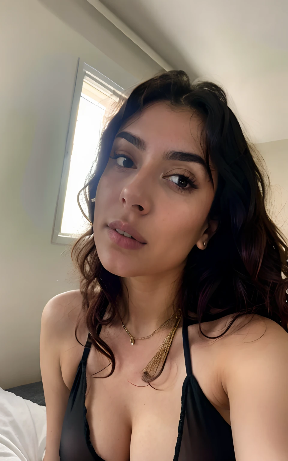 photorealistic, sharp focus, raw amateur photo, beautiful 29 yo persian-russian girl [Vladlena Farideh|Anahita Oksana], just woke up, take a selfie in bed, thin see through black nightgown, thick body, curly hair, detailed skin texture & pores, (goosebumbs:0.7), looking at viewer, face focus, taken with mobile camera, film grain, flashlight, instagram LUT