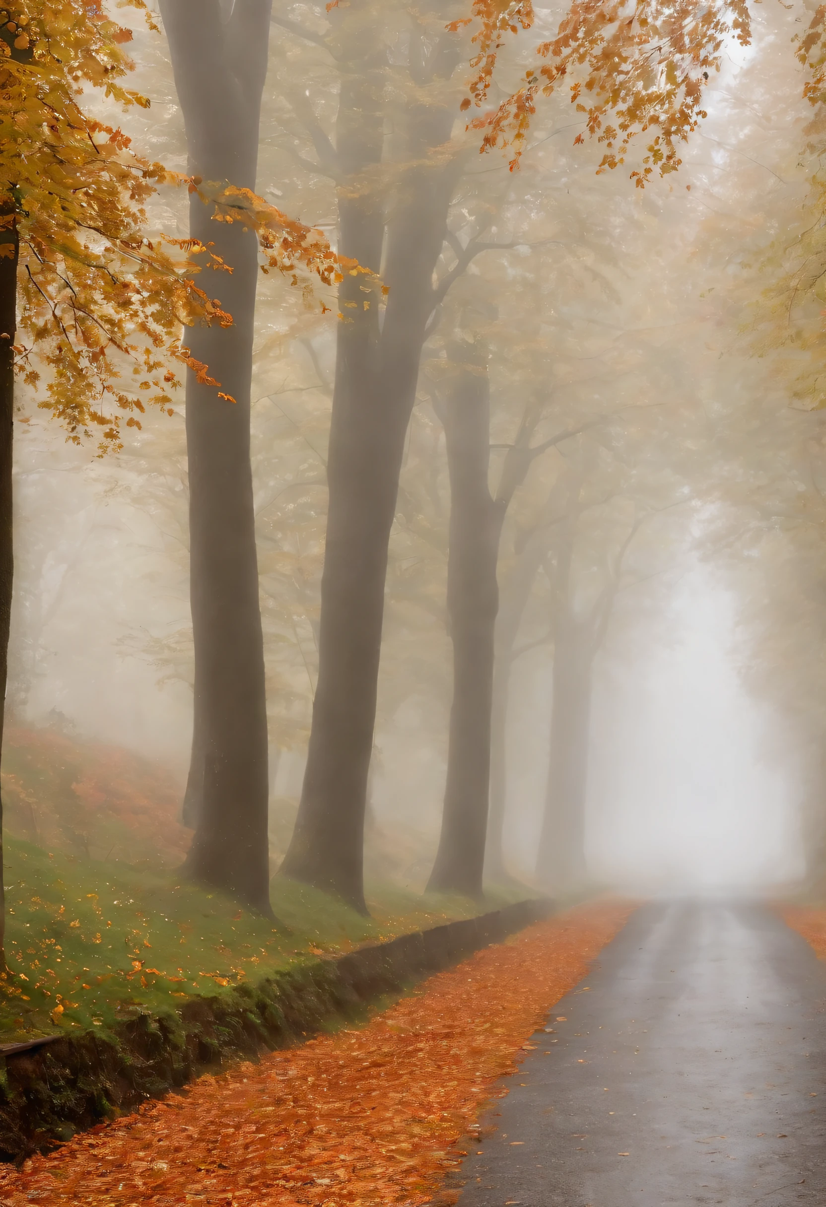 in einer nebligen Stadt, colorful autumn leaves on the street, ein Bild von Kuno Veeber, Gewinner des Pixabay-Wettbewerbs, Konzeptkunst, Im Regen , ((neblig)) und regnerisch, Bild mit Schatten, in einer regnerischen Umgebung, Regenwetter, Rainy roads in the background , ((Nebel mit Lichtschein)) ((Ansicht von hinten)), Licht von vorn, ke((keine Autos)), keine Menschen, ((Fahrradfahrer im Nebel)(Ansicht von hinten))