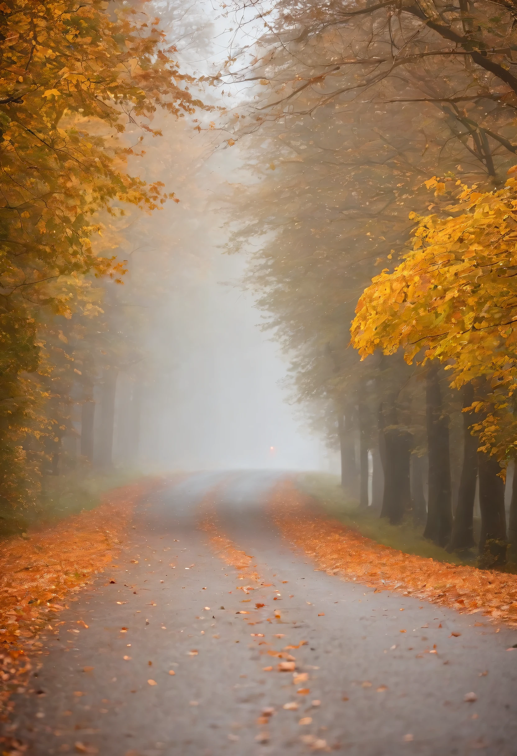 in einer nebligen Stadt, colorful autumn leaves on the street, ein Bild von Kuno Veeber, Gewinner des Pixabay-Wettbewerbs, Konzeptkunst, Im Regen , ((neblig)) und regnerisch, Bild mit Schatten, in einer regnerischen Umgebung, Regenwetter, Rainy roads in the background , ((Nebel mit Lichtschein)) ((Ansicht von hinten)), Licht von vorn, ke((keine Autos)), keine Menschen, ein Fuchs im Nebel