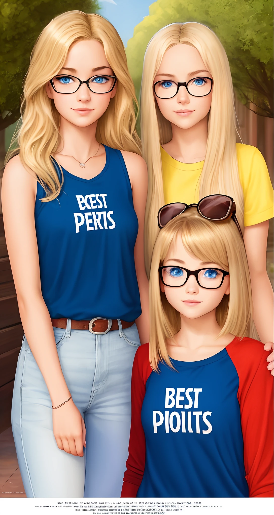 Pixar poster two best friends girls a 20-year-old blonde with straight shoulder-length hair with blue eyes and another brunette girl with short brown eyes with glasses