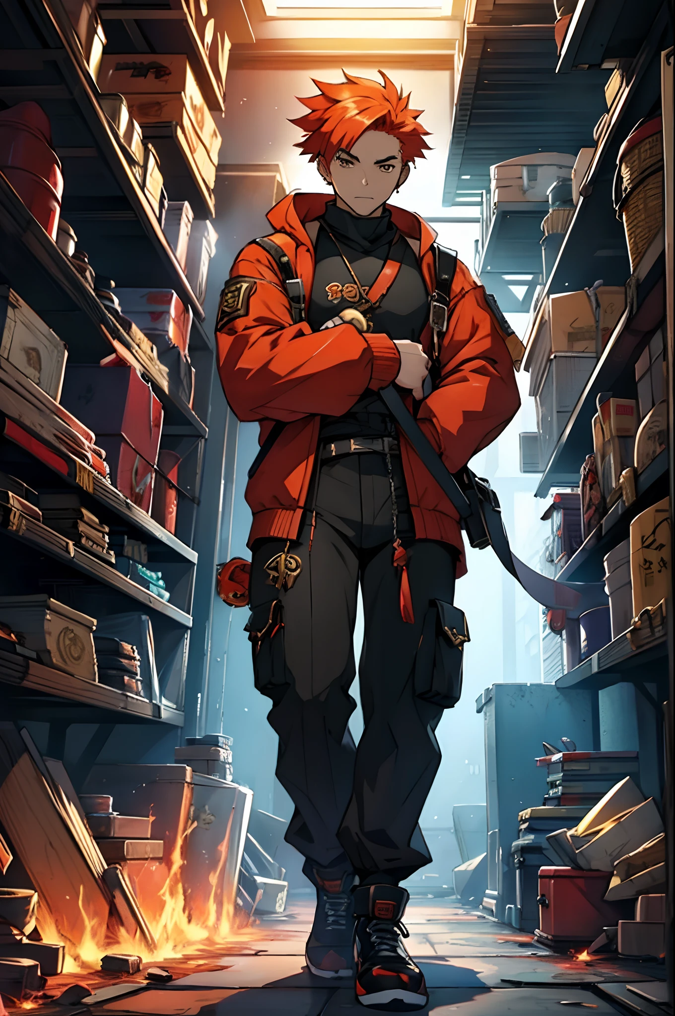 ((Gacha Game Aesthetic)), Fighting Game Character, 1 male, fire element.