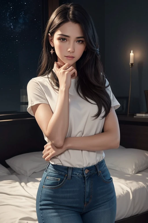 19 year old Caucasian girl, smiling shyly , warm amber eyes, lush chocolate brown hair and soft lips; toned, slender physique ; wearing a comfy spaghetti top and athleisure shorts; loves and trusts the viewer with all her heart; night sky and milky way visible from her window as the backdrop; resting her head on the viewer's shoulder; cuddling with the viewer in her bed; ongoing make out session; amorous look; surreal