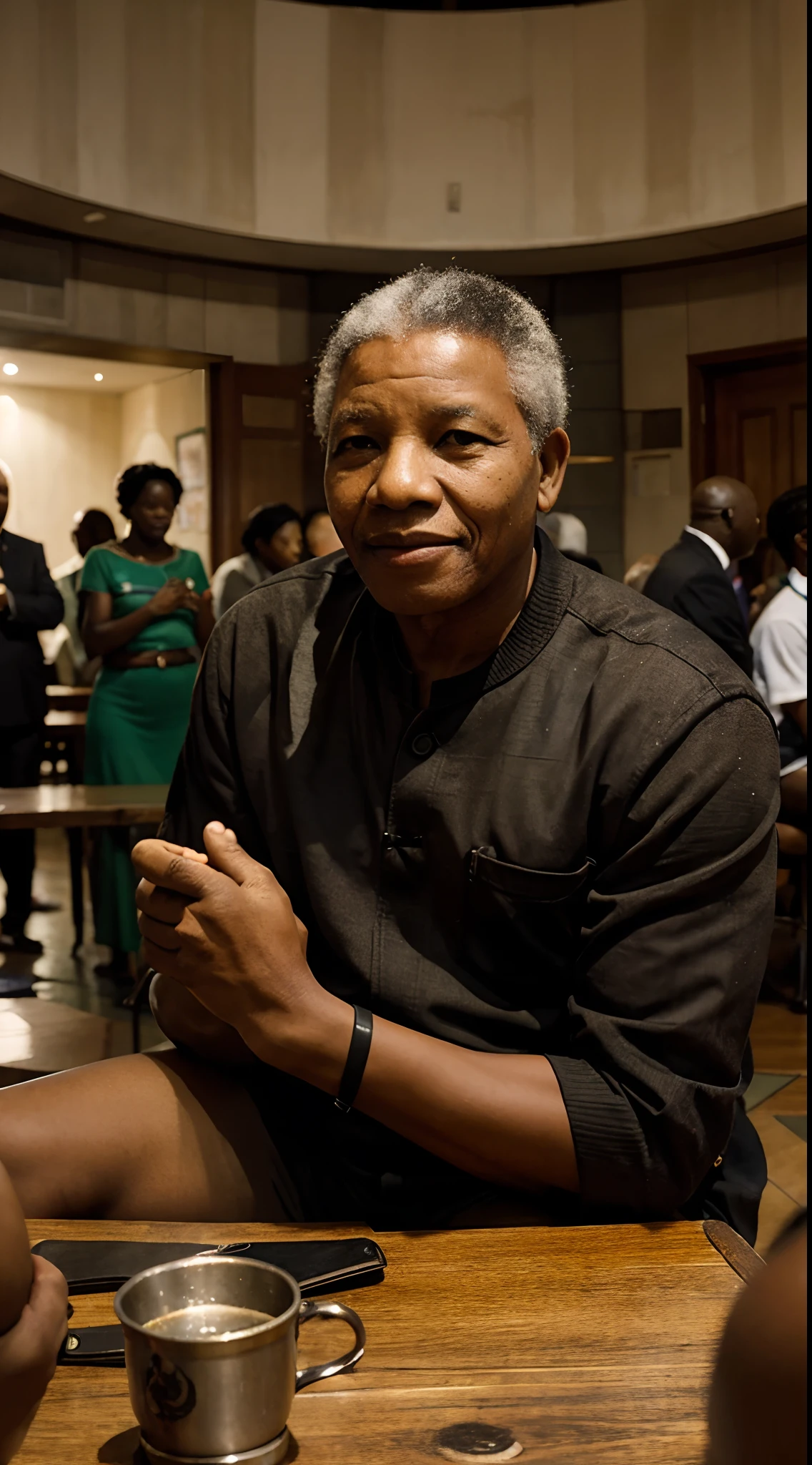 "Depict Mandela as a symbol of reconciliation, sitting across a table engaging in dialogue with leaders from diverse backgrounds, emphasizing the importance of unity and understanding." male character