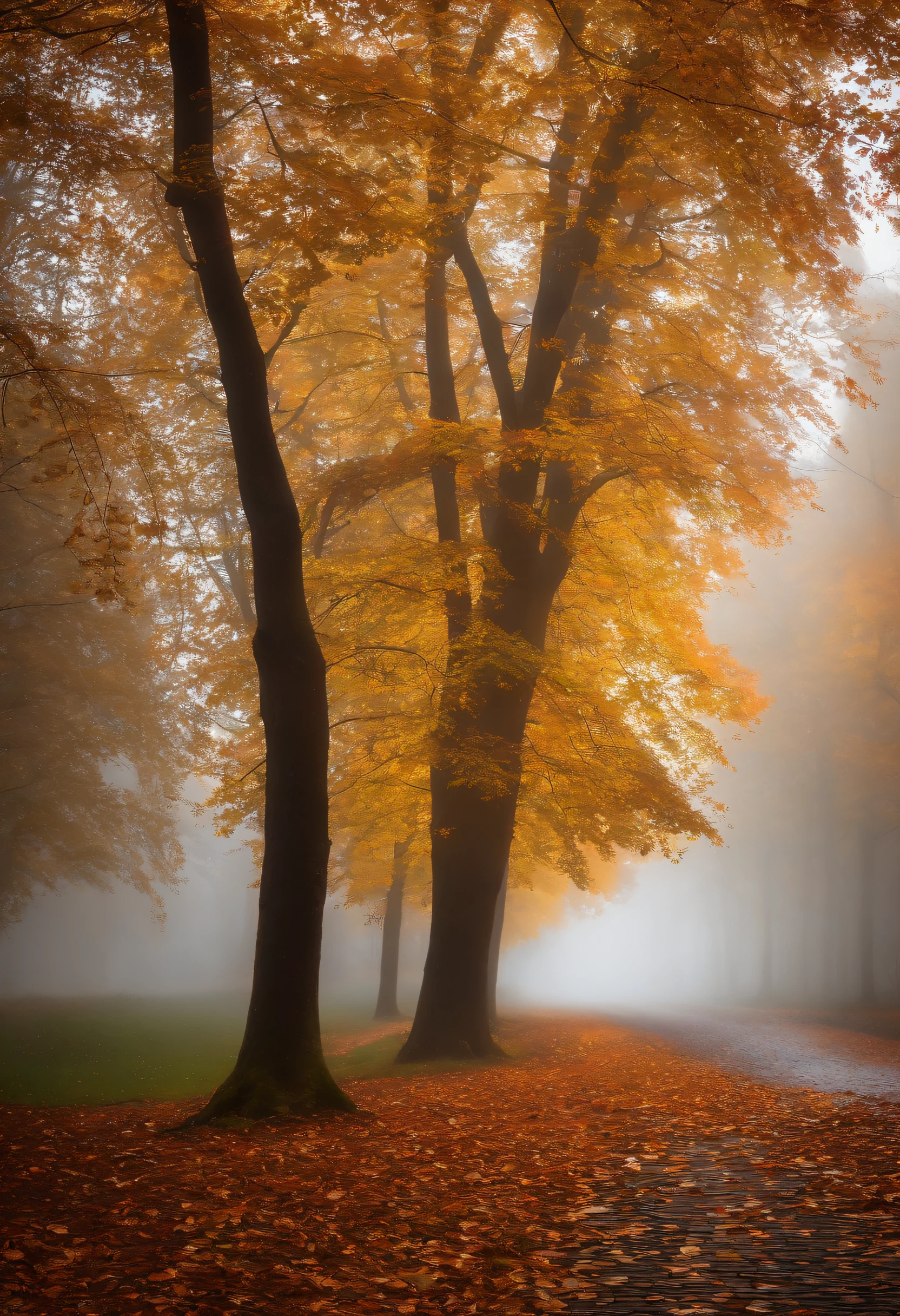 in einer nebligen Stadt, colorful autumn leaves on the street, ein Bild von Kuno Veeber, Gewinner des Pixabay-Wettbewerbs, Konzeptkunst, Im Regen , ((neblig)) und regnerisch,  Bild mit Schatten, in einer regnerischen Umgebung, Regenwetter, Rainy roads in the background , ((Nebel mit Lichtschein)) ((Ansicht von hinten)), Licht von vorn