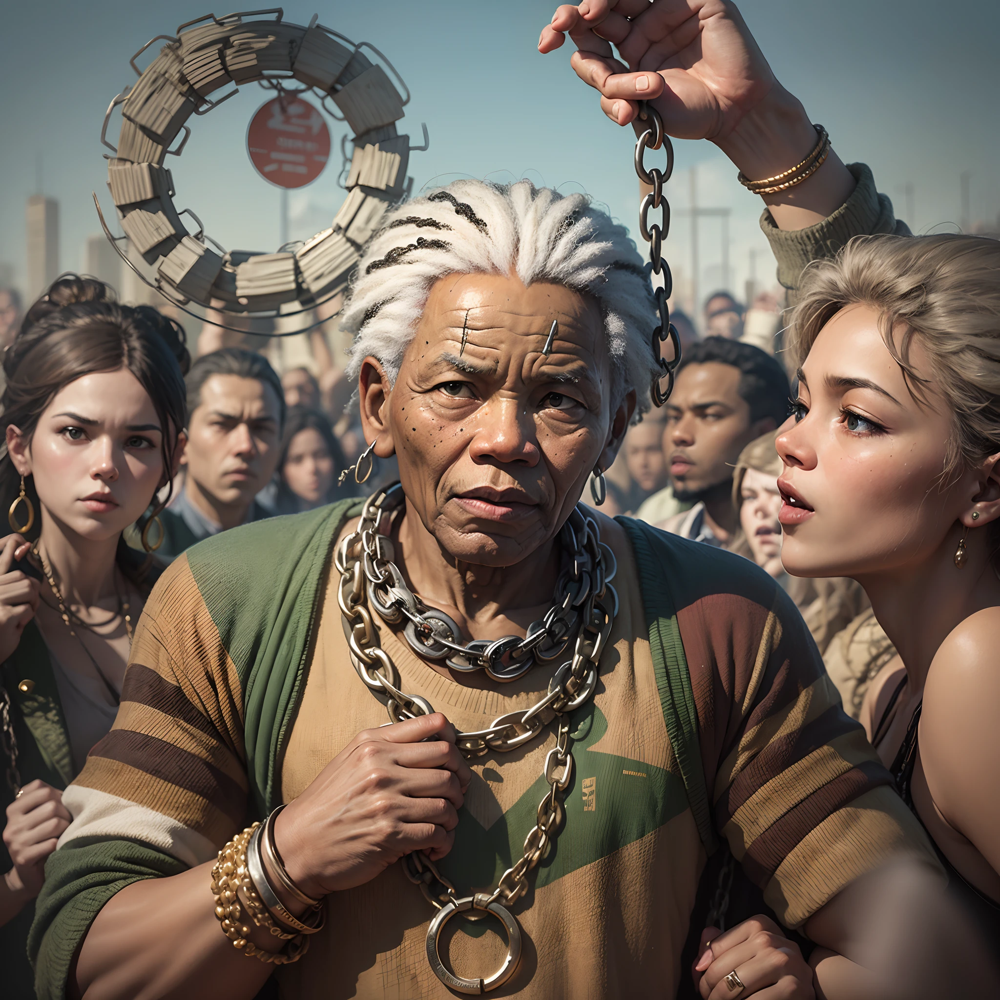 "Illustrate Mandela's leadership in dismantling the legacy of apartheid, showcasing him figuratively breaking chains that represent the oppression of the past." --auto --s2