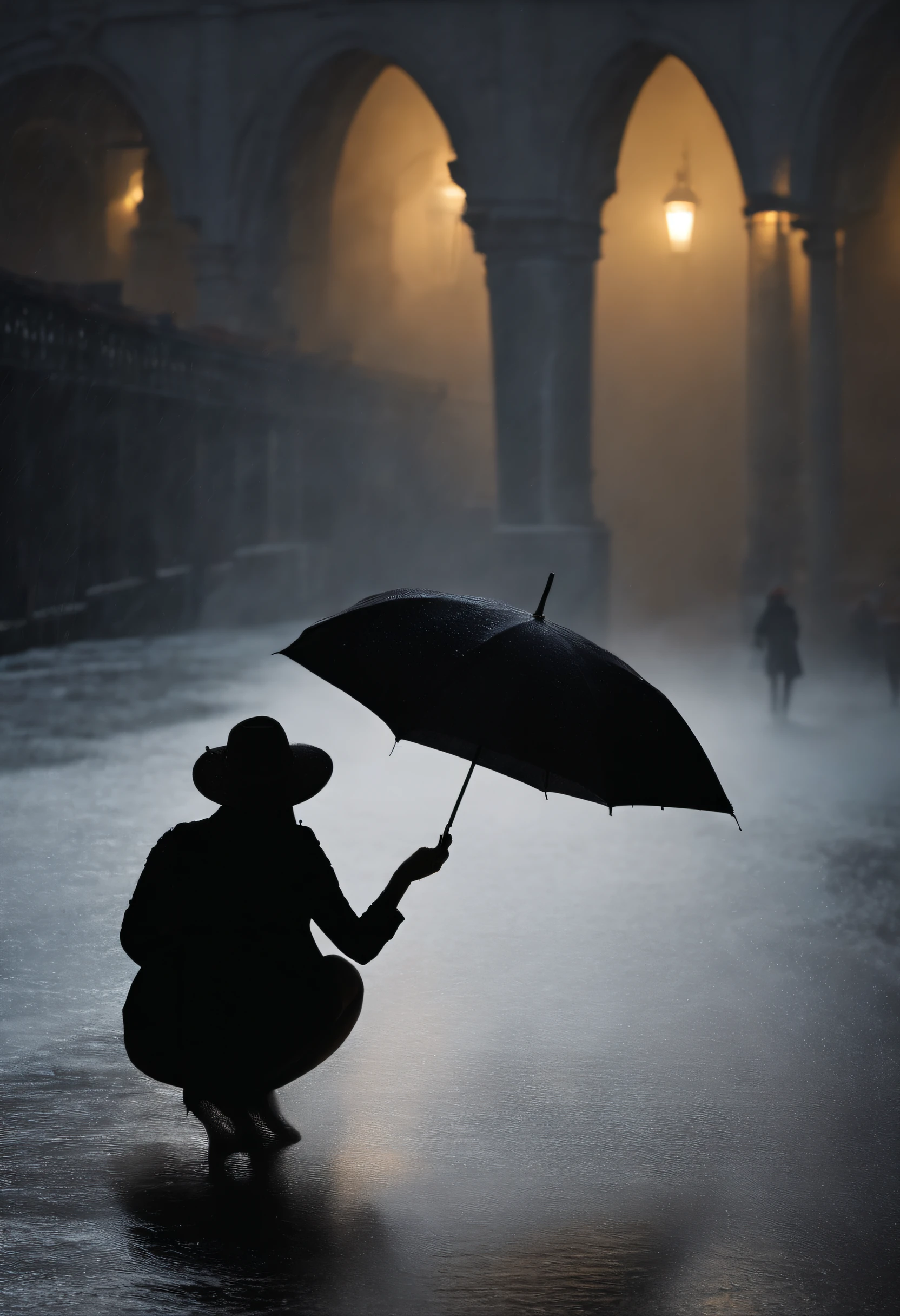 Frau im engen Kleid mit Regenschirm iin der Hand, in einer nebligen Stadt, ein Bild von Kuno Veeber, Gewinner des Pixabay-Wettbewerbs, Konzeptkunst, Im Regen stehen, schwarze Silhouette, mysterious woman, pretty girl, das im Regen steht, Einzelperson mit Regenschirm, frau ((silhouette)), ((neblig)) und regnerisch, weibliches Bild im Schatten, in einer regnerischen Umgebung, Regenwetter, Rainy roads in the background , ((Nebel mit Lichtschein)) ((Ansicht von hinten)), Licht von vorn
