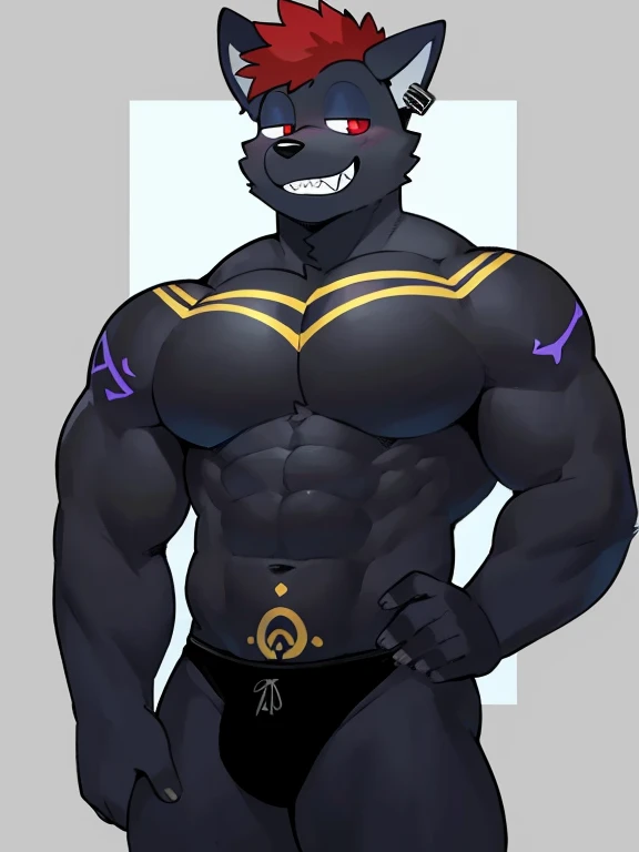 ((best quality)), (ultra-detailed), ((extremely detailed)), (beautiful), 8k, by goonie-san, by p0nyplanet, by Glitter Trap Boy, looking away, ((looking top)), (((from front position))), ((front view)), cropped torso, ((contrapposto)), standing, 20 years old, male, ((muscular)), muscular male, bara, bare pectorals, large pectorals, pectorals, (abs:1.3) thick thighs, thick body, dog, dog boy, dog ears, wolf ears, navel, navel hair, body hair, (bushy body), black body, black ears, gemstone earrings, ((body yellow tattoo)), black and red hair, multicolored body, streaked hair, big eyes, anime eyes, black eyes, (thick eyelashes:1.5), thick eyebrows, white eyebrows, blue eyelids, double eyelid eyes, ((black glove)), topless male, swimwear, (tareme:1.5), long face, (((teeth))), (half-closed eyes), smile eyebrows, arms behind back,