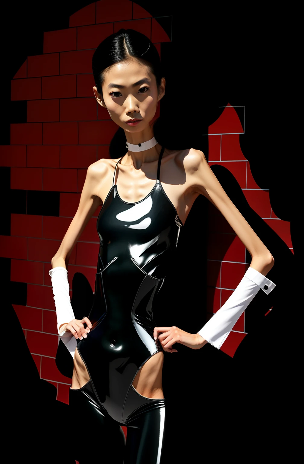 Extremely thin woman, A thin body，Protruding sternum，The waist is slender，The ribs are noticeable，The pelvis is very pronouncedly protruding，White skin of the，Thin shoulders，Very slim waist，Extremely skinny，Sunken abdomen，Skin and bones，short detailed hair，Haggard face，Wear a tight-fitting one-piece latex suit，Asian face