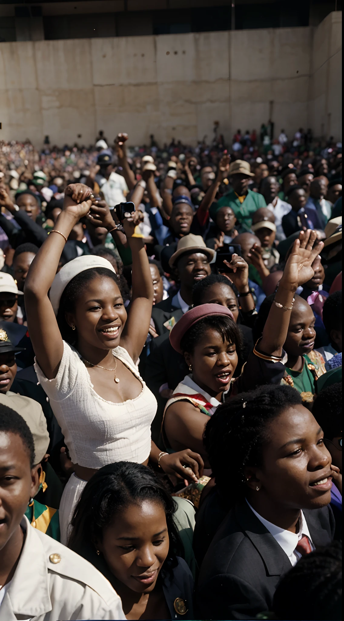 "Capture the historic moment of Nelson Mandela's inauguration as South Africa's first black president in 1994, with a diverse crowd cheering and celebrating in the background."