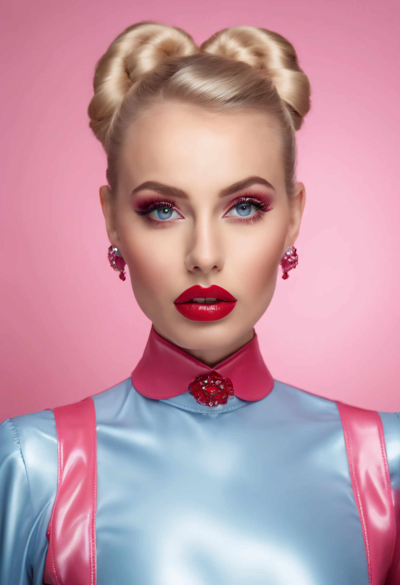 Gorgeous young girl,blondes Haar,Space Buns,rosa Latexbluse, Latex blouse buttoned up, Latex Bluse detailliert,shiny light blue latex skirt,shiny pink latex stockings,Red Shiny Lacquer PVC Shoes,Perfektes Gesicht,Detaillierte Augen,Detaillierte Lippen,lange Wimpern,vollbusig,niedlich,portrait,hight resolution,realistisch,Studiobeleuchtung,Lebendige Farben