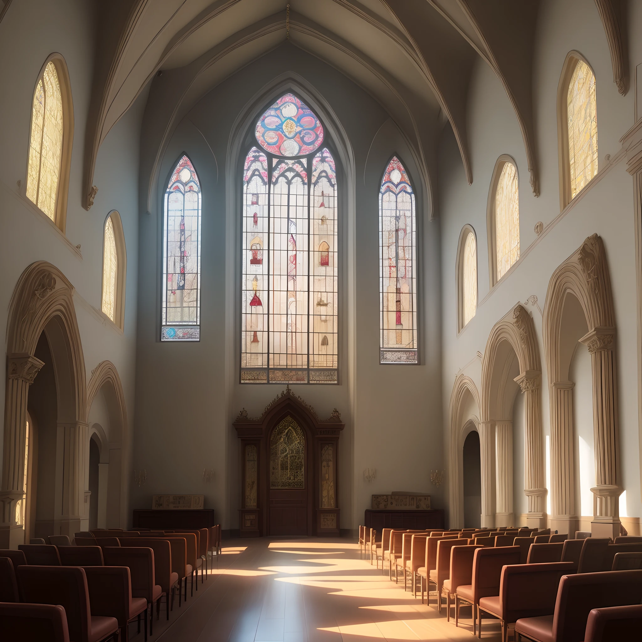 A large colorful royal room with a large single stained glass window