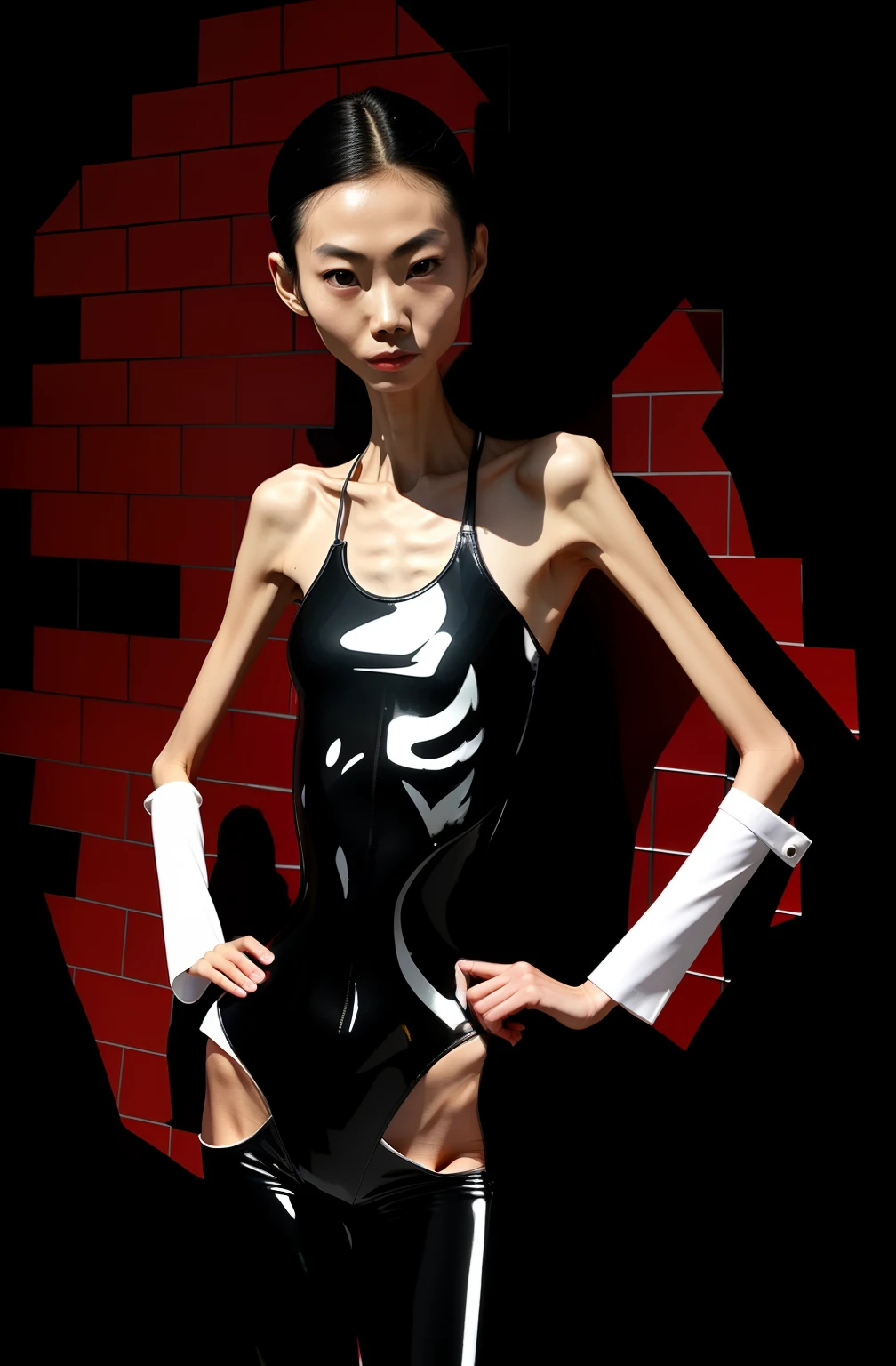 Extremely thin woman, A thin body，Protruding sternum，The waist is slender，The ribs are noticeable，The pelvis is very pronouncedly protruding，White skin of the，Thin shoulders，Very slim waist，Extremely skinny，Sunken abdomen，Skin and bones，short detailed hair，Haggard face，Wear a tight-fitting one-piece latex suit，Asian face，The body is thin like a skeleton
