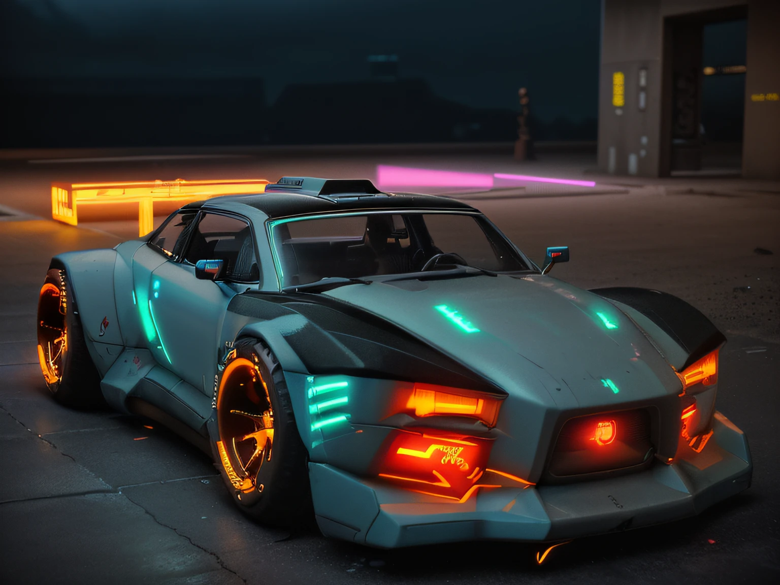 cyberpunk (((retro zeekars))) (with glowing rims), wide tires, at the parking lot, at night city,