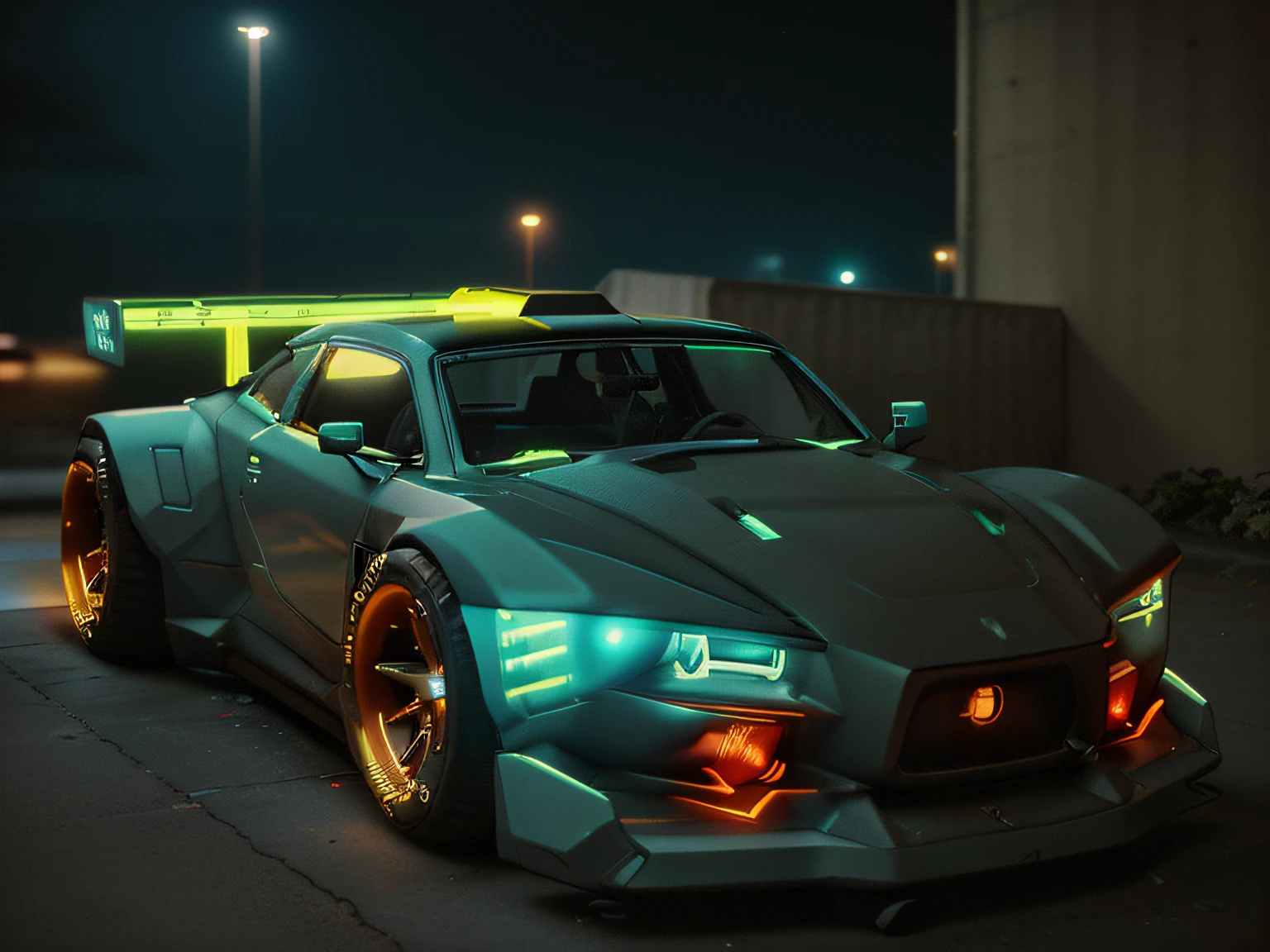 cyberpunk (((retro zeekars))) (with glowing rims), wide tires, at the parking lot, at night city,