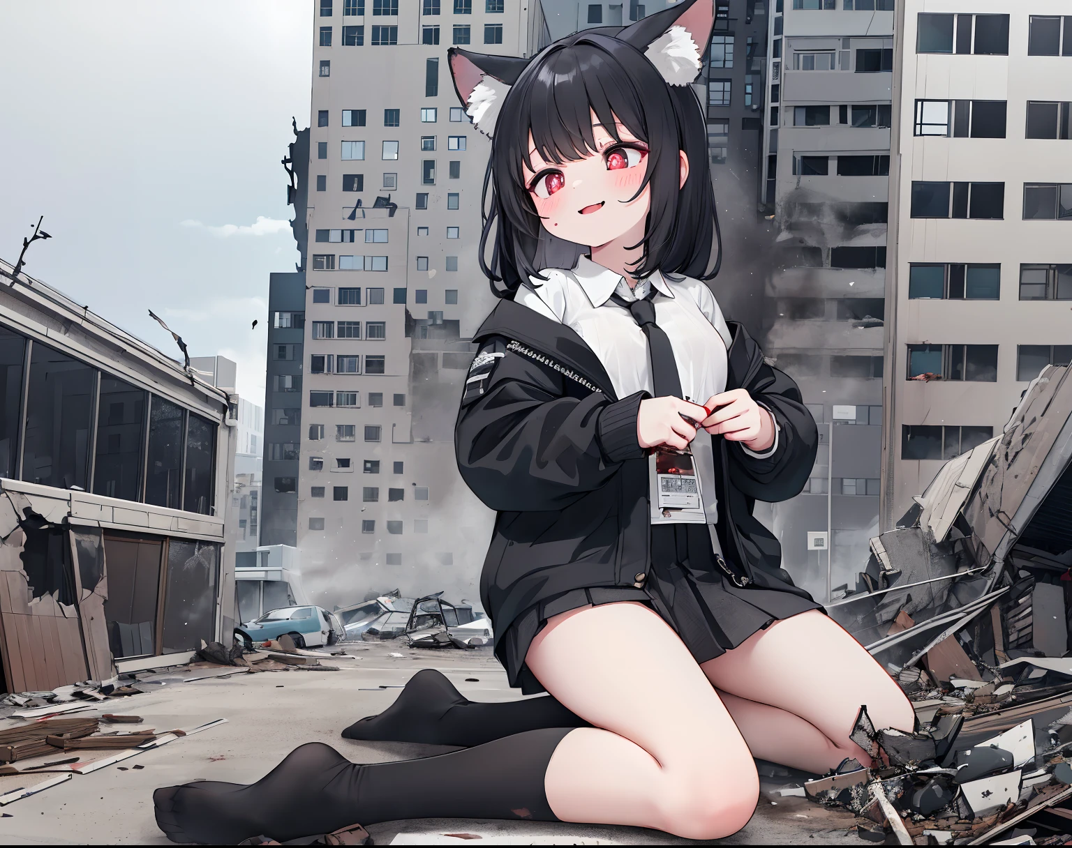 Tokyo, Japan, Giantess, cat ear, Light frown, Looking down, sky, Sheer white shirt, Black skirt, black lence stockings，Block sunlight, high-heels, Raise your feet, disrupt, buildings collapsed